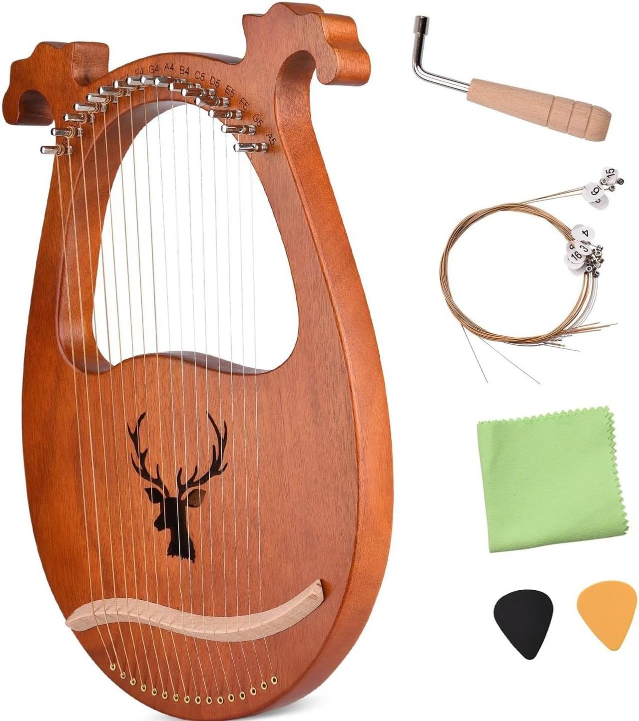 Lyre Harp Set 16 Strings Lyre Harp Solid Wood Strings Instrument Pattern Tuning Hammer Strings Cloth Picks For Beginners