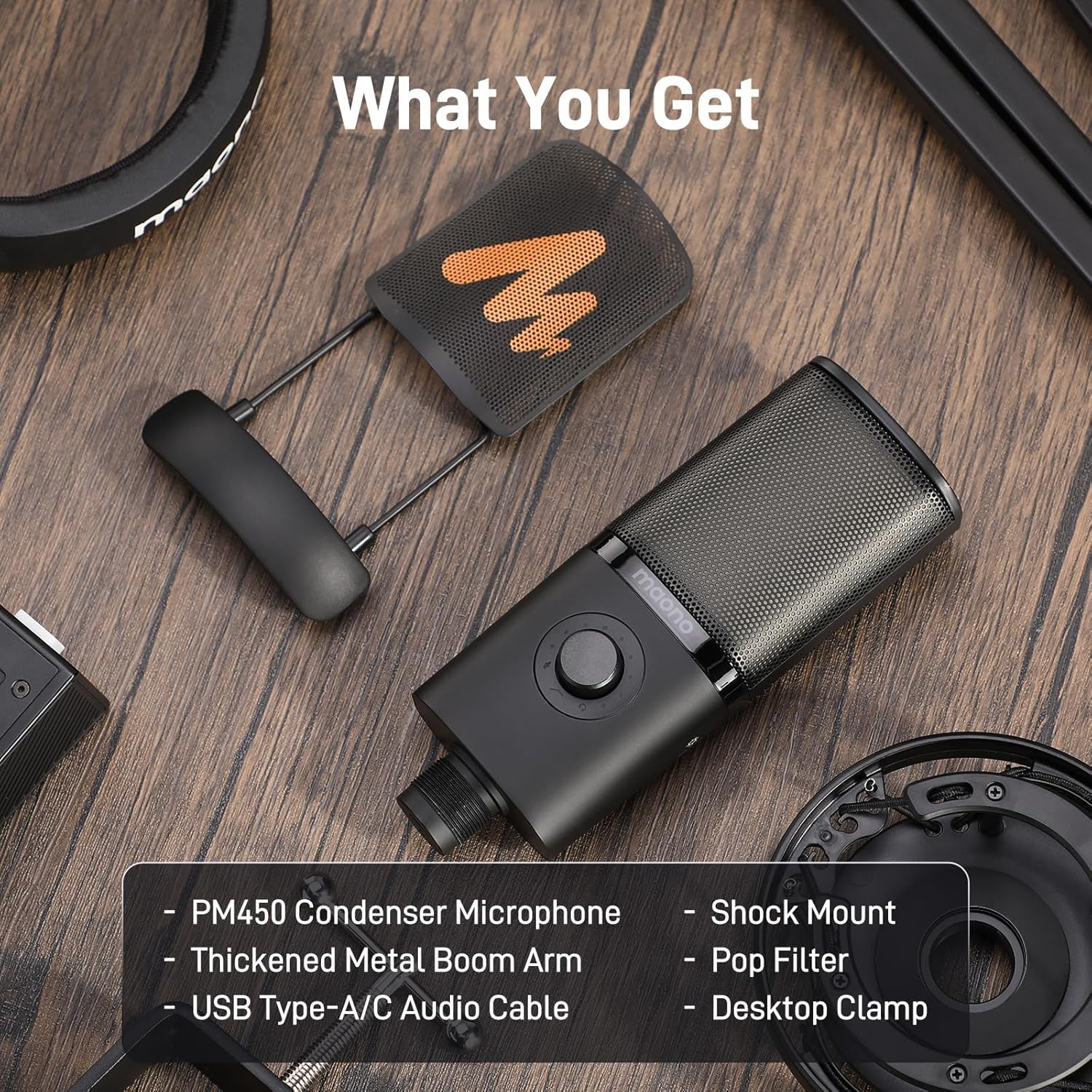 MAONO USB Condenser Microphone-Studio Mic with Shock Mount, Boom Arm, Software, Mute, Gain Knob, Volume Control for Streaming, Recording, Singing, Podcasting, Content Creation, Audiobooks-PM450