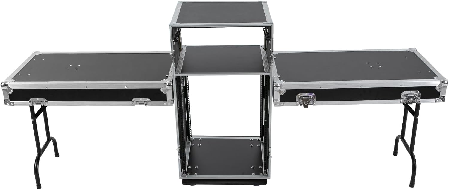 DYNAMI 14U PA DJ Rack w/Wheels,2 Tier Heavy Duty Road ATA Case with 2 Work Tables,DJ Mixer Stand Audio Rack,for Music Studio Booth Pro Audio Recording Cabinet Stage Equipment (14U+Dual Work Table)