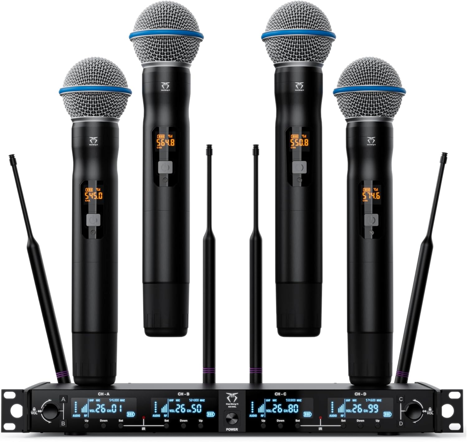 4-Channel Wireless Microphone System, 4 Handheld Dynamic Mic, 200 UHF Frequencies, Auto Scan, 400ft Long Range, Suitable for Singing, Karaoke, Wedding, Performance