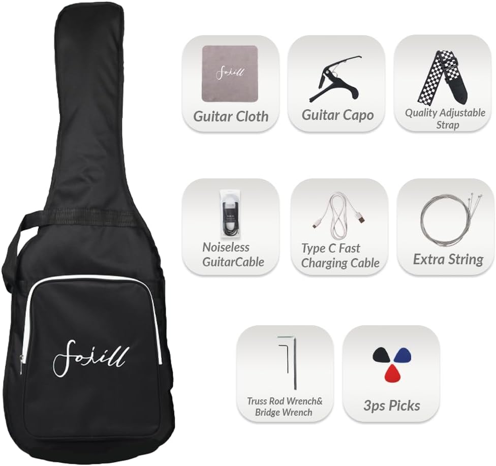 Fojill Full Size 4 Four String Electric Bass Guitar 10W Battery Power Bluetooth Amplifier Amp Beginner Starter Kit Set Combo Bundle Package Accessory Bag,Picks,Capo,Cable,Strings(Metallic Blue)