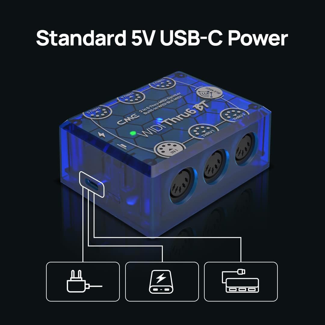 CME WIDI Thru6 BT - 2-in-6-out MIDI Thru/Split with 5-pin DIN and Bluetooth MIDI - future-proof technology, high-speed transfer of all MIDI data, extreme accuracy for all MIDI devices