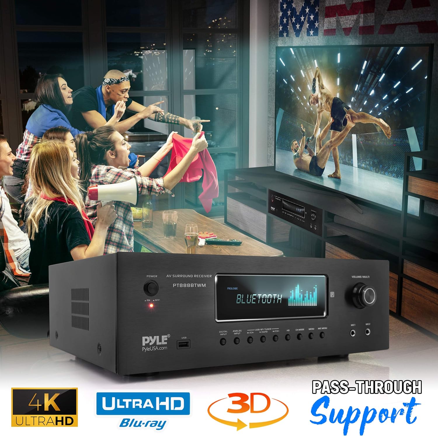 Pyle 1000W Bluetooth Home Theater Karaoke Receiver - 5.2-Ch Stereo Amplifier 2 UHF Wireless Microphone Video Pass-Through Supports, MP3/USB/HDMI/AM/FM Radio - Pyle PT888BTWM.5