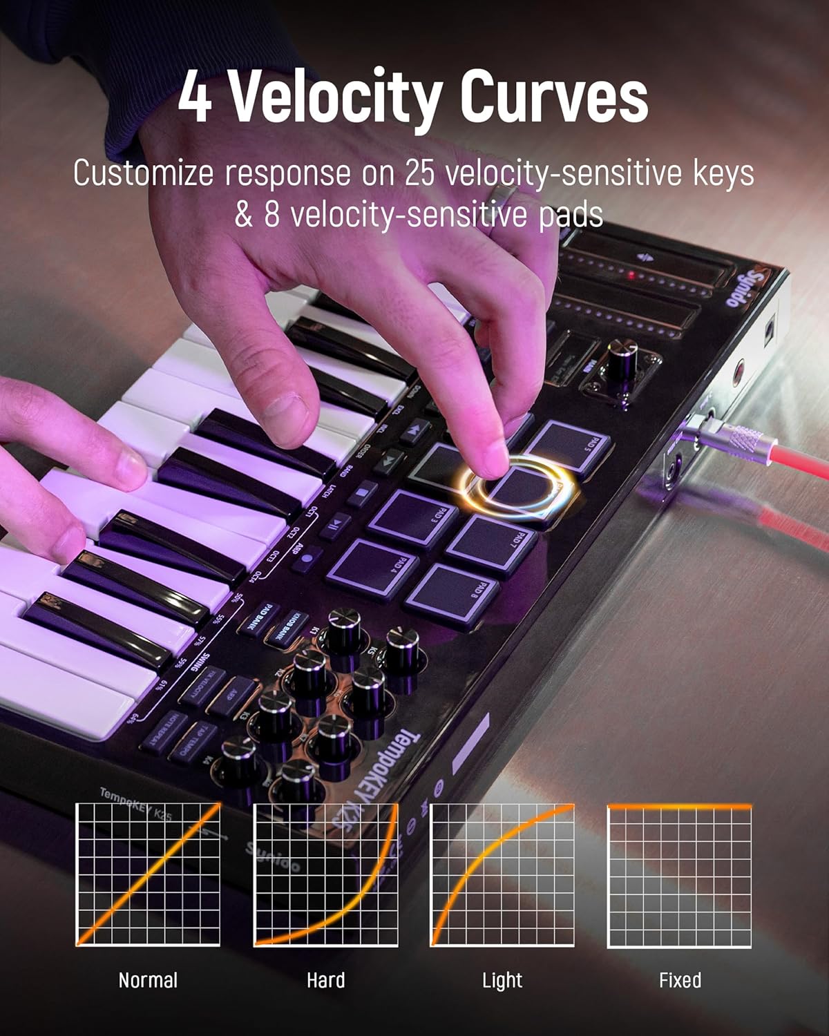 Synido 25 Key USB MIDI Keyboard Controller with 8 Drum Pads, Professional Mini Midi Keyboard with OLED Screen, Beat Maker Machine for Music Production, Black, TempoKey K25