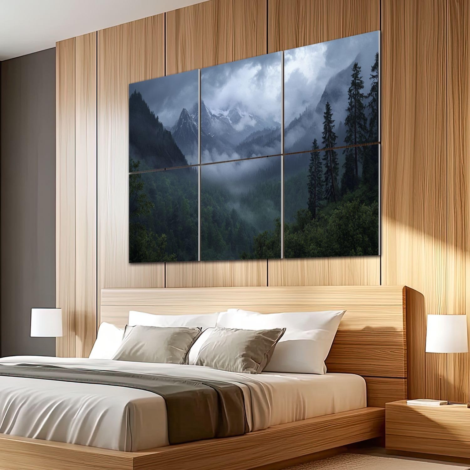 6 Pack Art Acoustic Panels Sound Absorbing Misty Snow Capped Mountains Dense Forest Foggy Atmosphere Tall Pine Decorative Soundproof Wall Panels Self Adhesive for Recording Studios Office 72