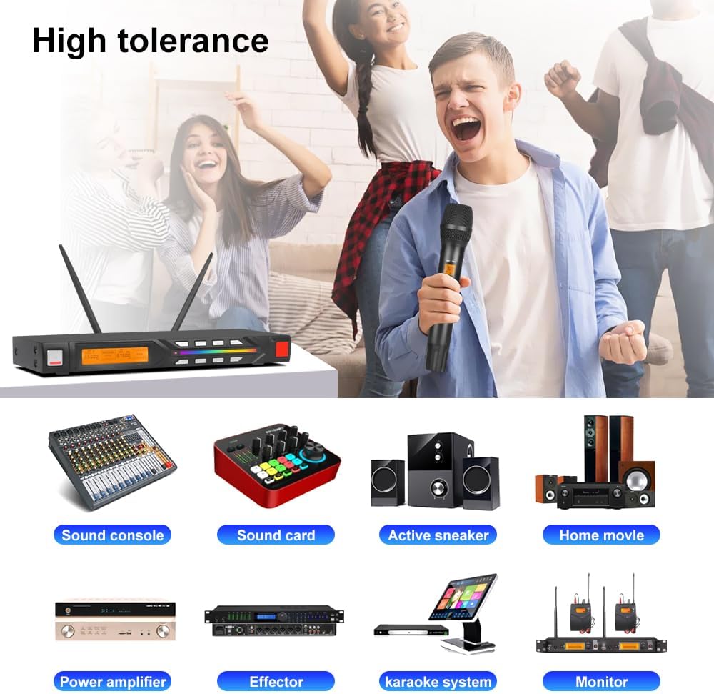 NG-99 Wireless Microphone System with Two Metal Microphones,UHF Handheld Wireless Moving Coil Gradient Colored Microphone for Home Karaoke, Conference, Party, Church, DJ, Wedding