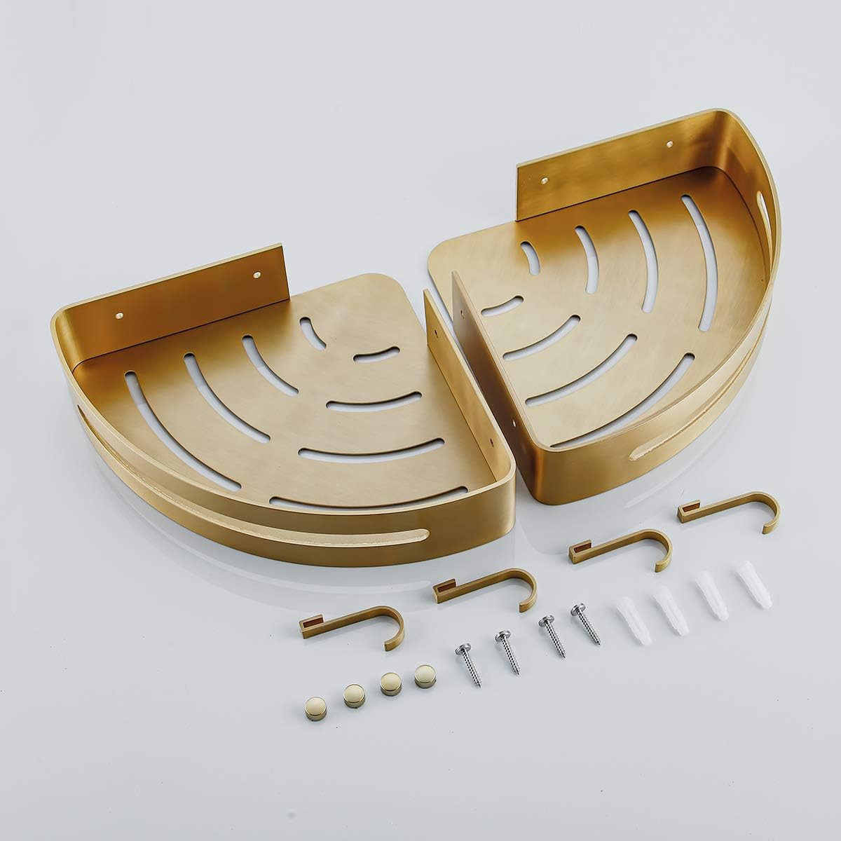 Brushed Gold Bathroom Corner Shelves Wall Mount Shower Caddy with Hooks and Shampoo Holder 2 Pack Drilling or Adhesive Installation