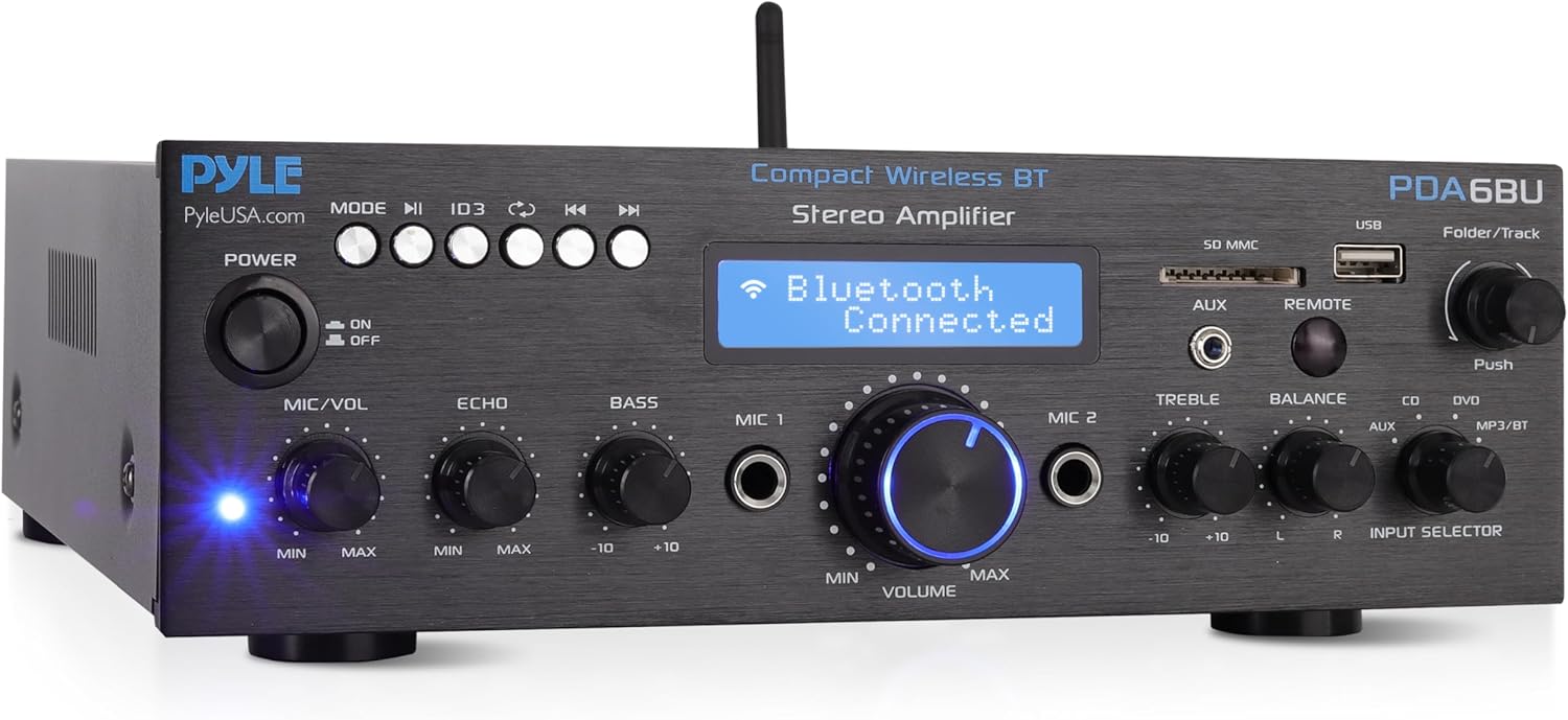 Pyle Wireless Bluetooth Power Amplifier System - 200W Dual Channel Sound Audio Stereo Receiver w/ USB, SD, AUX, MIC IN w/ Echo, Radio, LCD - For Home Theater Entertainment via RCA, Studio Use - PDA6BU