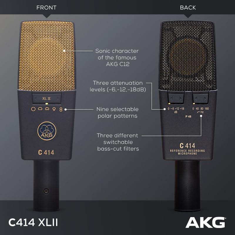 AKG Pro Audio C414 XLII Stereoset Large-Diaphragm, Vocal, Instrument Condenser Microphone, Multipattern, Live Sound or Studio, with Accessories, and Hard Case, Matched Pair. Black and Gold