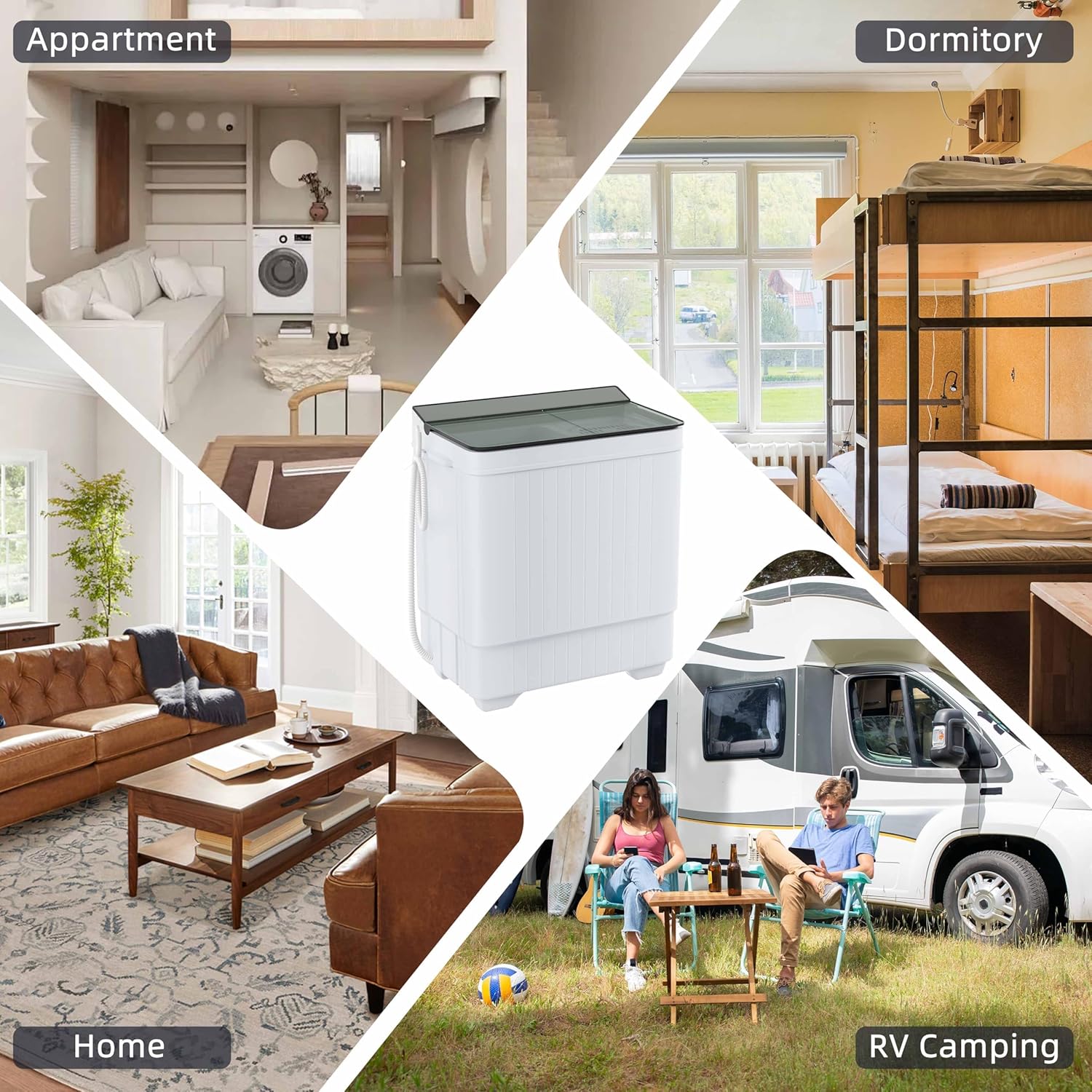 Elevon Portable Washing Machine Twin Tub 18.7 Lbs Capacity, (14.3 Lbs) and Spinner(4.4 Lbs) Combo Mini Compact Laundry Washer for Home, Apartment, Camping, RVs and Dorms, Black/White