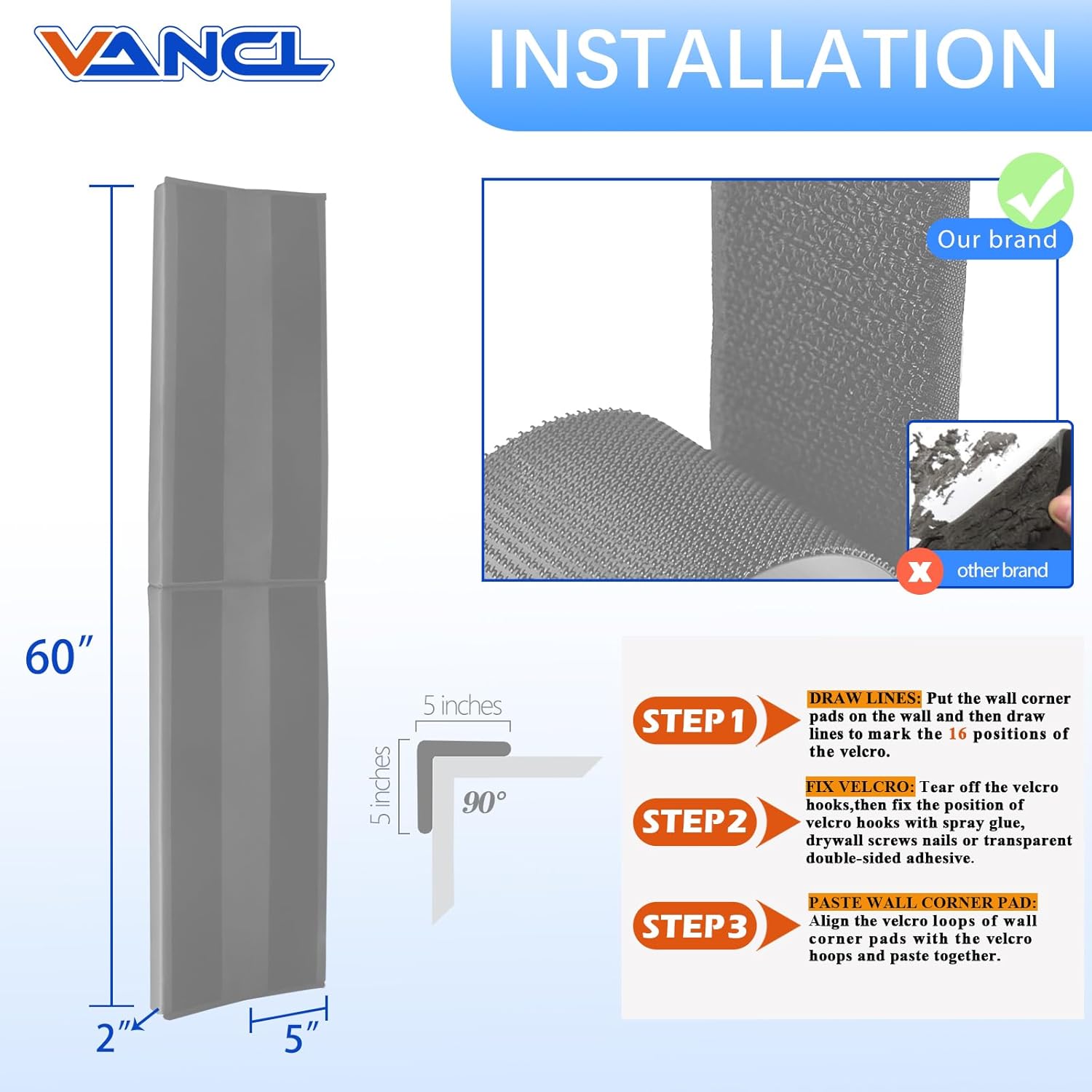 Wall Corner Padding Light Grey Wall Corner Guards Heavy Duty Wall Corner Edge Protector Wall Cushion Mats Waterproof Durable 2 Sides Wall Corner Pads for Safety