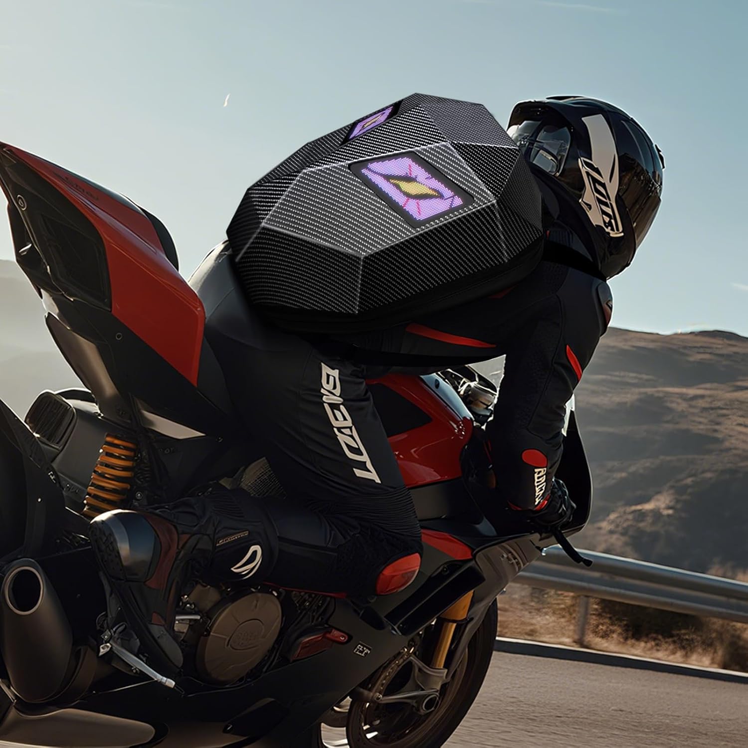 19inch LED Motorcyle Knight Backpack for Men,Hard Case Riding Backpack Motorbike Laptop Bag Waterproof, DIY Programmable Full Color Display & Eyes