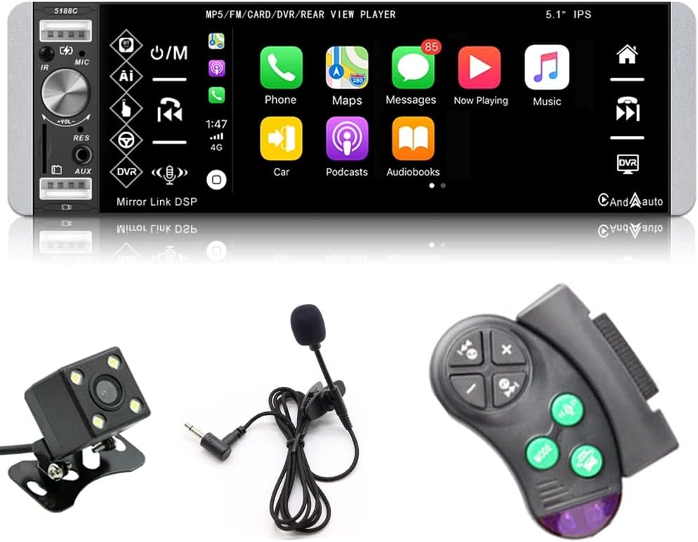Apple CarPlayer Android Auto 1 Din Car Stereo Bluetooth, 5.1 Inch IPS Touchscreen Car Radio with FM Radio Mirror Link USB TF Aux in Head Unit Car MP5 Player + Microphone + Backup Camera