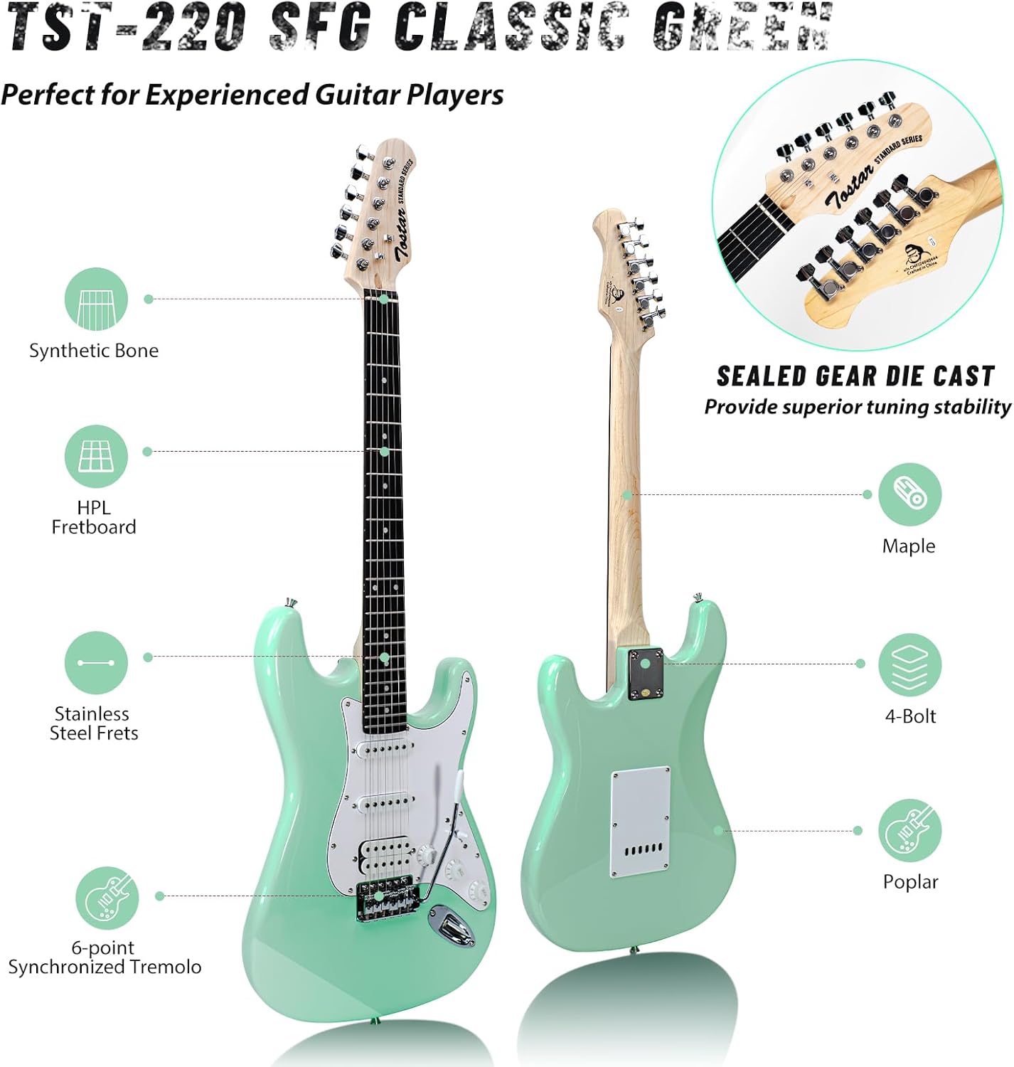 Tostar Beginner Electric Guitar with Amp Full Size Kit 6 String HSS Pickup with Gig Bag,Capo,Tremolo,Tuner, Strap, Picks Surf Green Electric Guitars Stratocaster 39