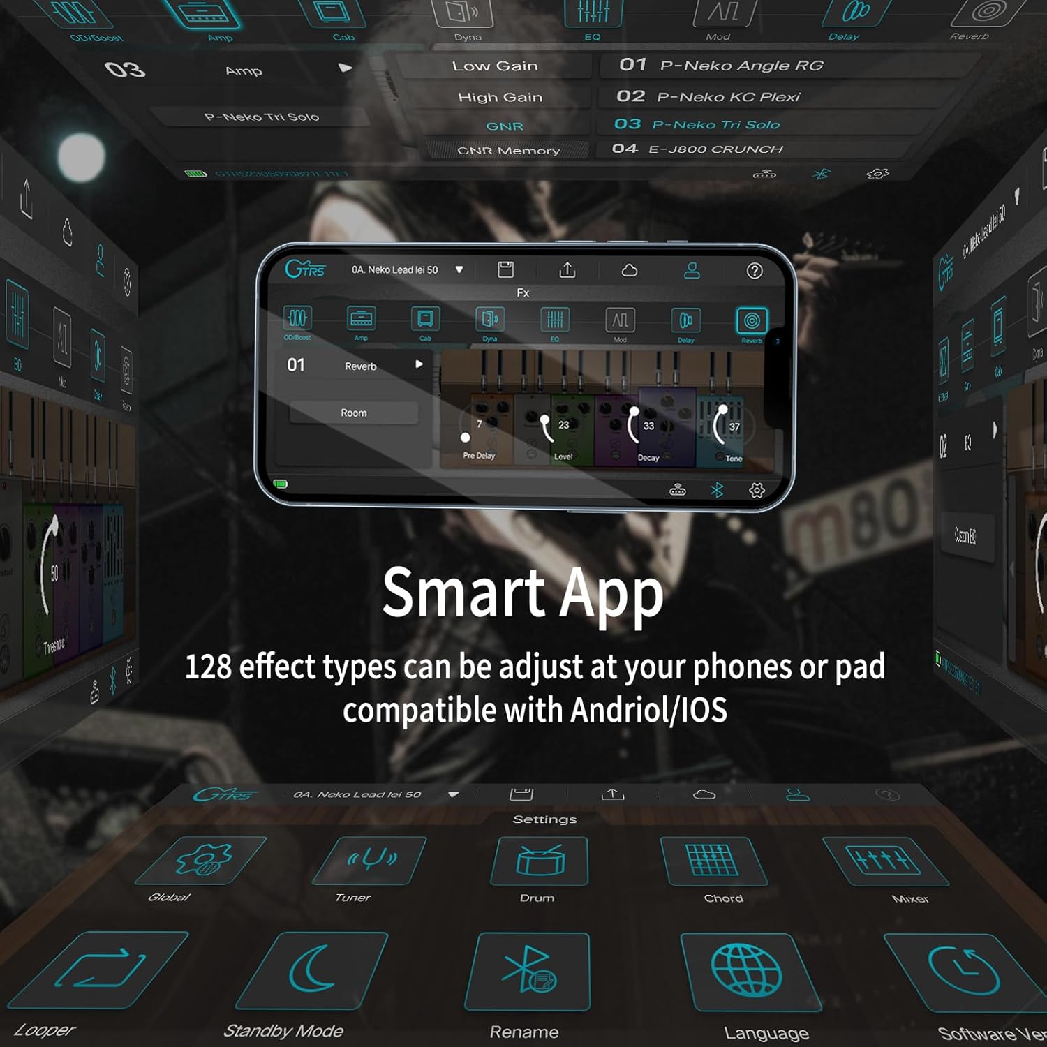 GTRS M800 Smart Electric Guitar Kit With Effects, Practice Guitar Intelligent System With HH Pickup, 80s Loop, 40 Drummer, 10H Bettaty Life, 6 Strings, Right Hand