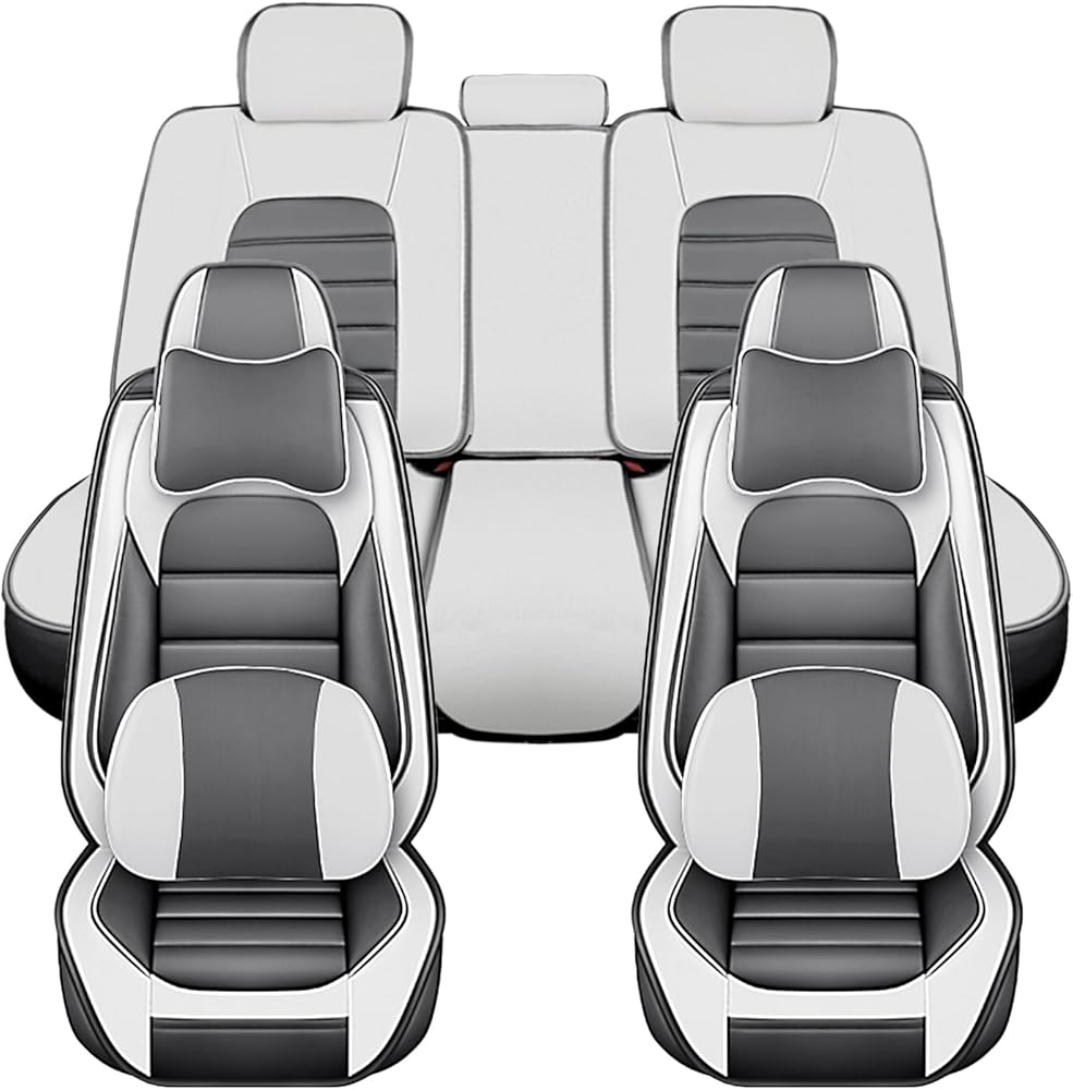 Universal Car Seat Covers for Dodge Dakota 2000-2011 Comfortable and Anti-Slip Seat Covers,Waterproof Leather Seat Protectors Interior Accessories(5Pcs Deluxe-Gray&White)