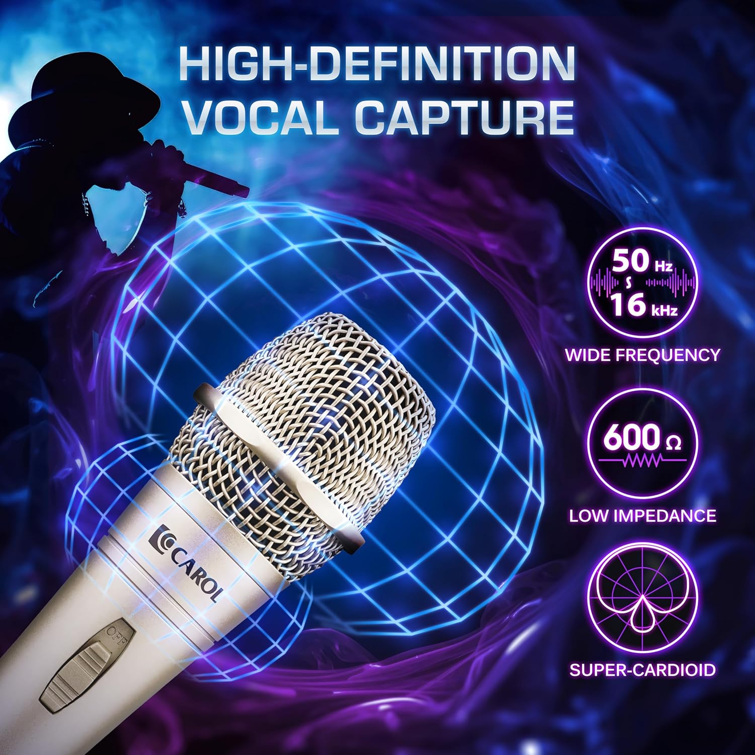 CAROL E dur-916S Golden XLR Wired Vocal Microphone for Singing – Dynamic Supercardioid Mic with Dual Shock Mount System for Karaoke, Stage & Public Speaking, Includes Mic, 14.8ft XLR Cable & Switch