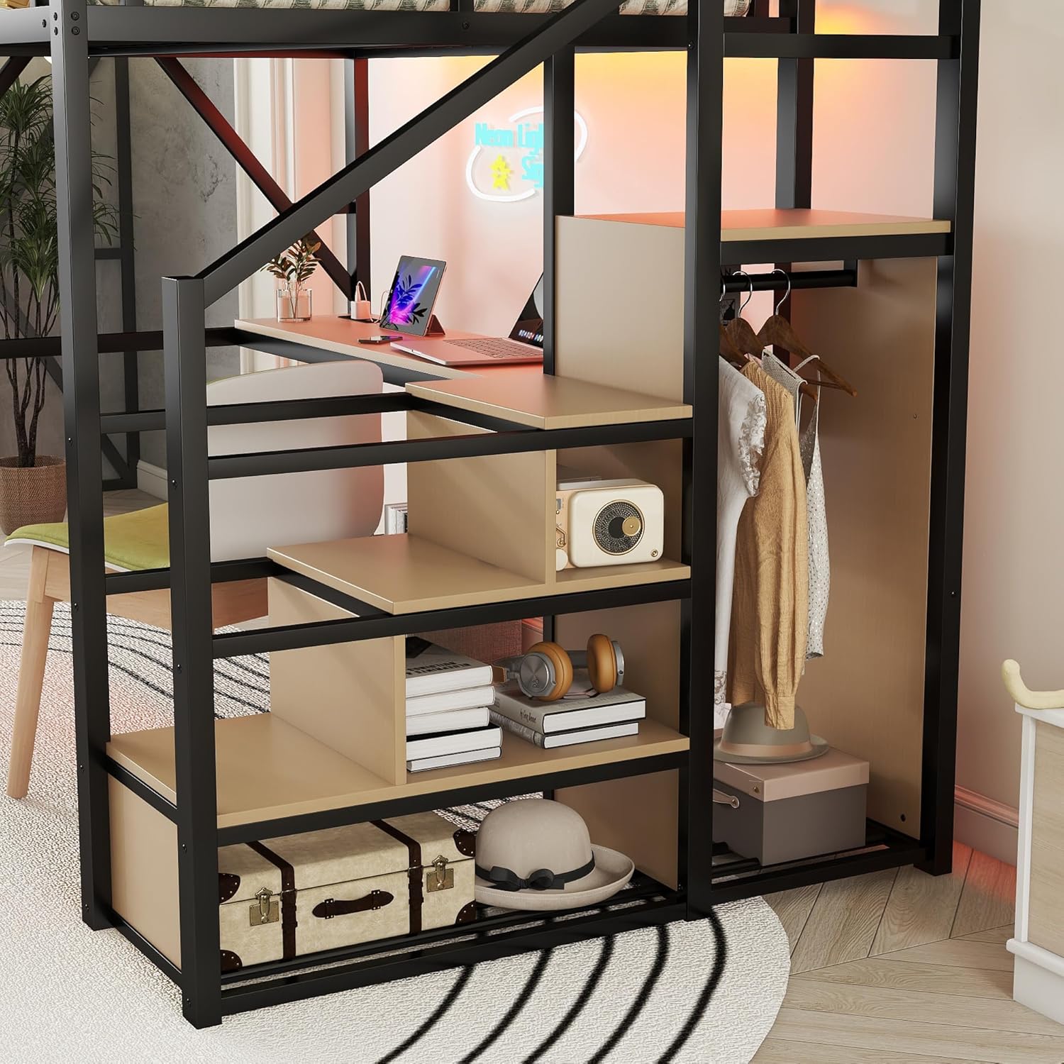 YAFF Full Loft Bed with Desk and Charging Station, Full Size Metal Loft Bed with Stairs and Light for Kids Teens, Black, Patent Products