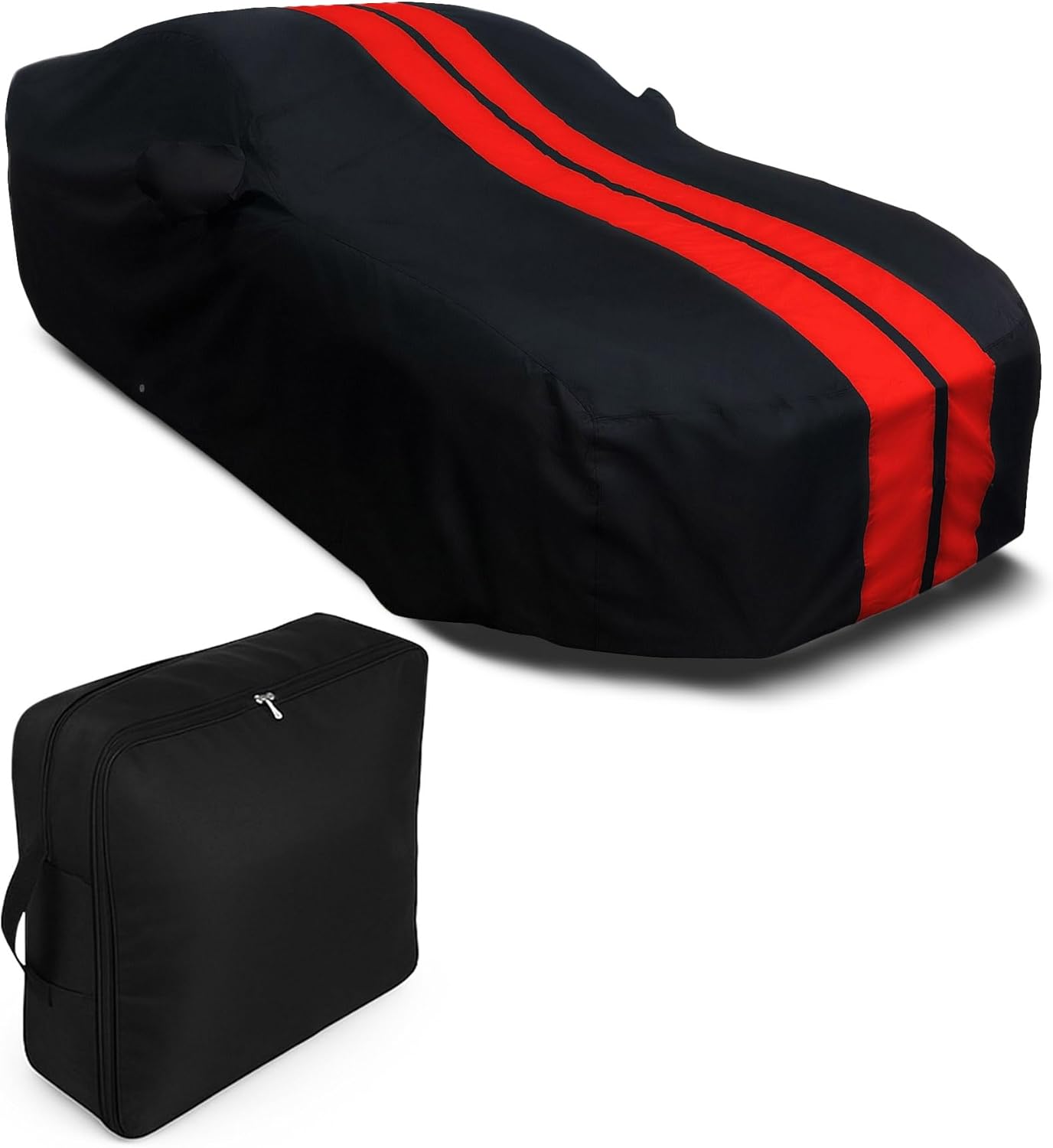 SR1 USA Chevy Camaro Car Cover - Custom Fit Indoor/Outdoor - Ultraguard Plus 300 Denier Water Resistant UV & Rain Protection - High End Fit for 2010-2024 Chevrolet Camaros (Black with Red Stripes)