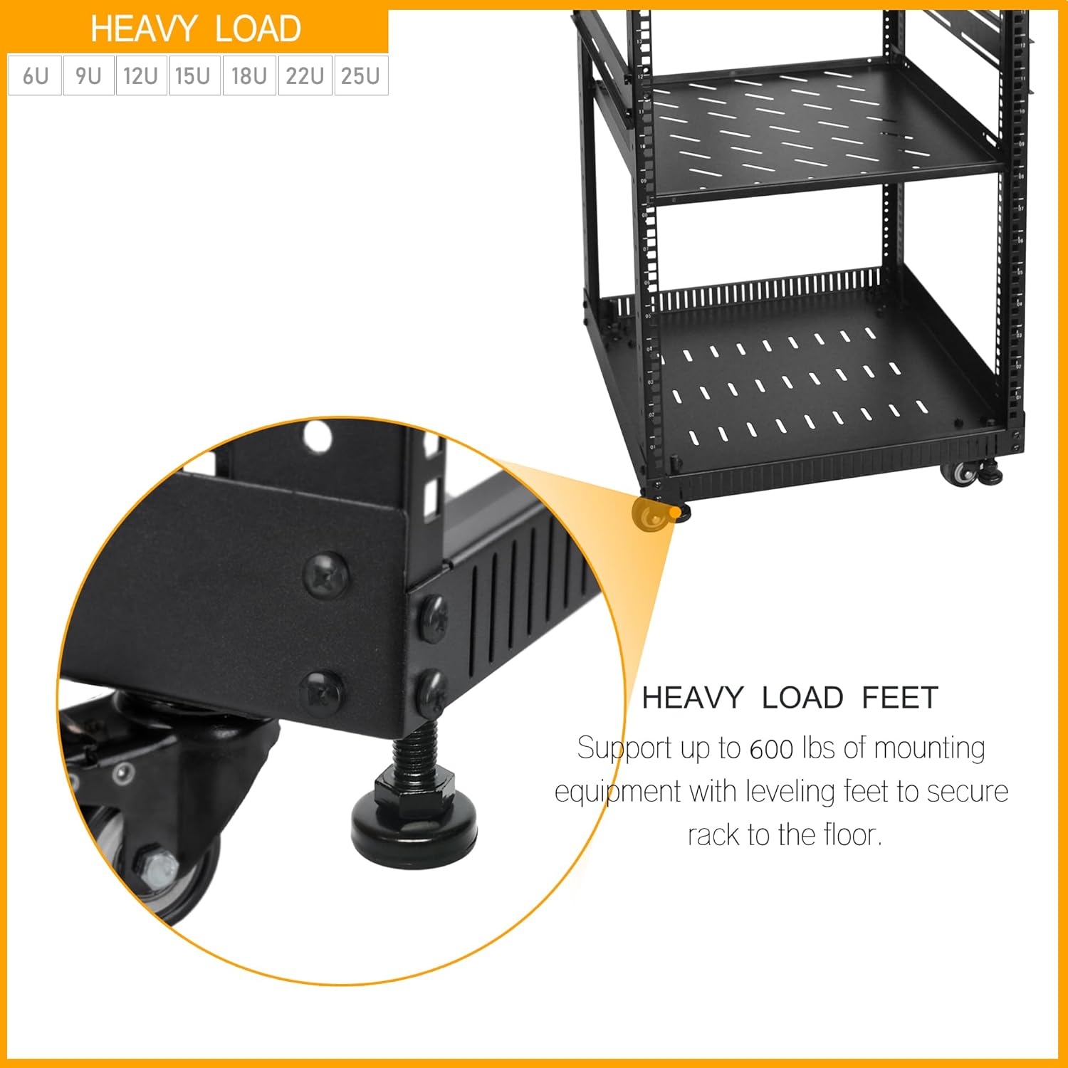 RIVECO 9U Network Rack with Reinforced Top Cover - 4 Post Floor Rack on Wheels for 19