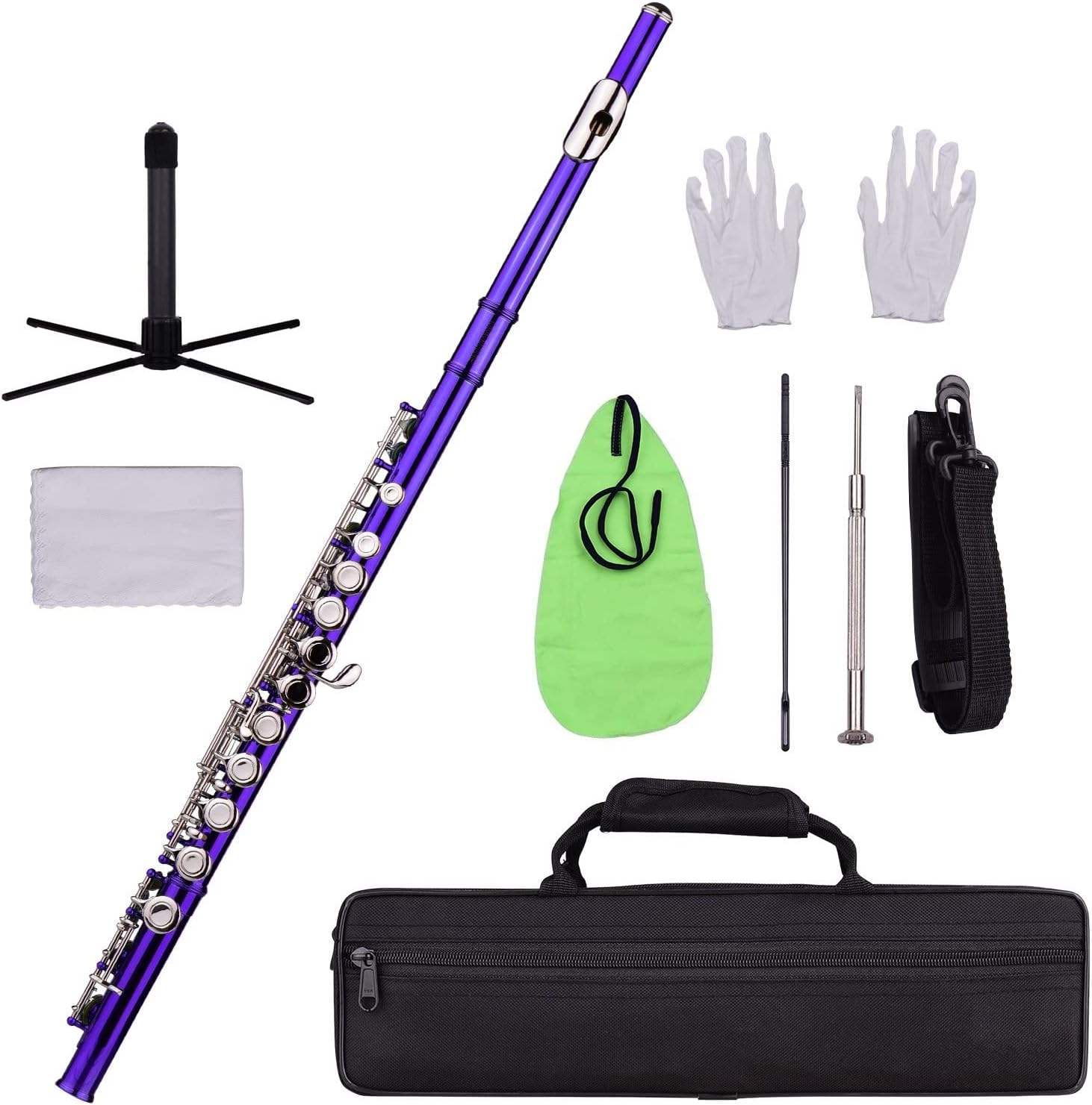 Flute Kit Closed Hole C Flute 16 Keys Cupronickel Nickel-Plated Wind Instrument with Carry Case Flute Stand Gloves Cleaning Cloth Intermediate Flute (Color : Purple)