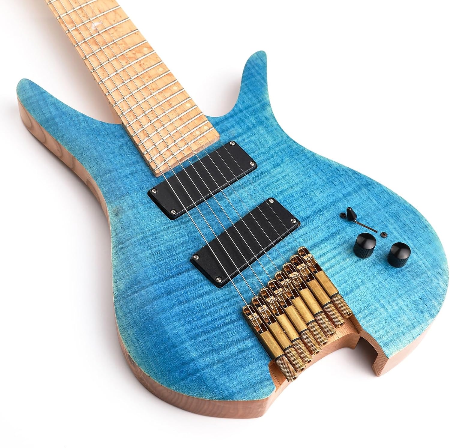Headless Electric Guitar 8 String Fanned Frets Headless Electric Travel Guitar Ash Wood with Flame Maple Veneer
