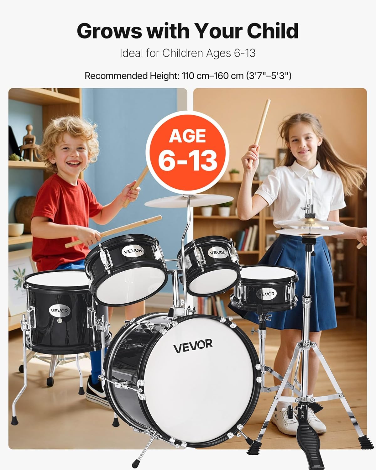 VEVOR Kids Drum Set, 5-Piece 14 in Junior Drum Sets, Beginner Drums Set with Adjustable Throne, Cymbal & Two Pairs of Drumsticks, Musical Learning Drums Instruments Kit, for Children Ages 6-13(Black)