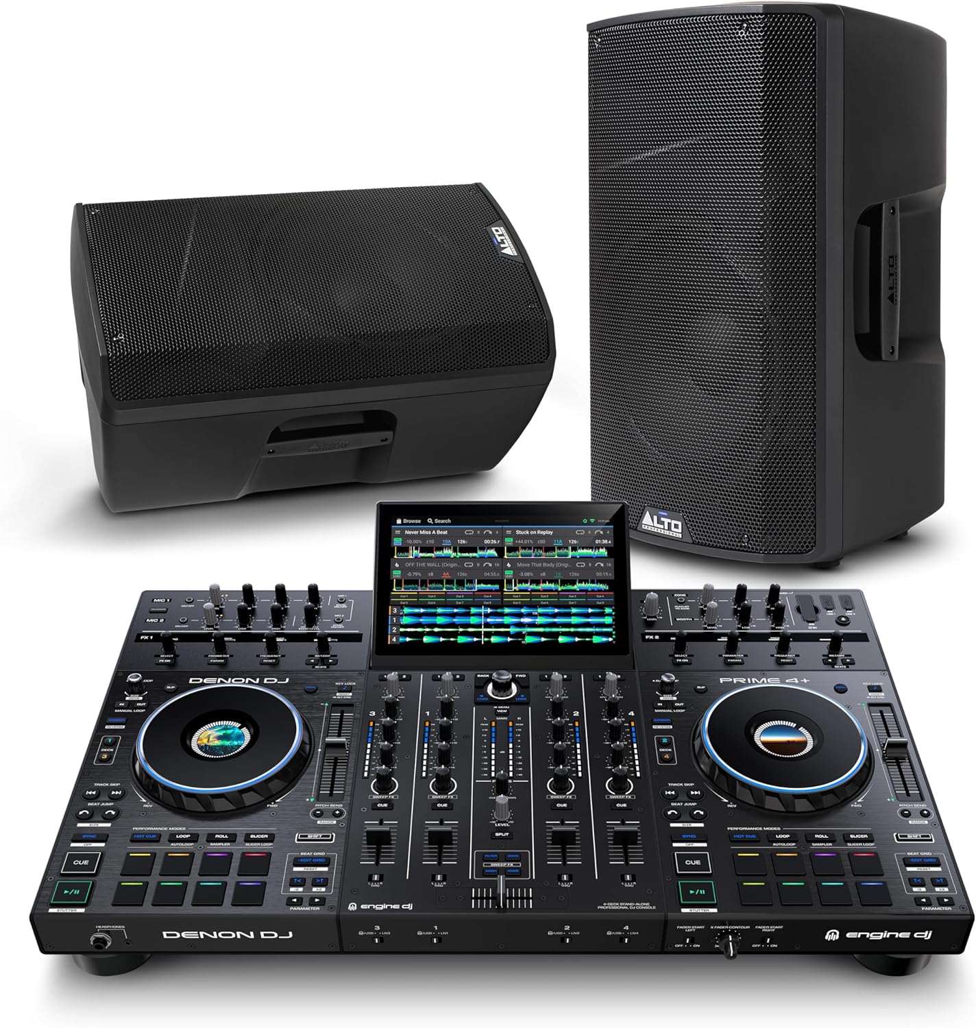 Denon DJ PRIME 4+ DJ Controller and ALTO TX412B Powered PA Speakers Pair for Live Music, DJ sets, Events, Music production