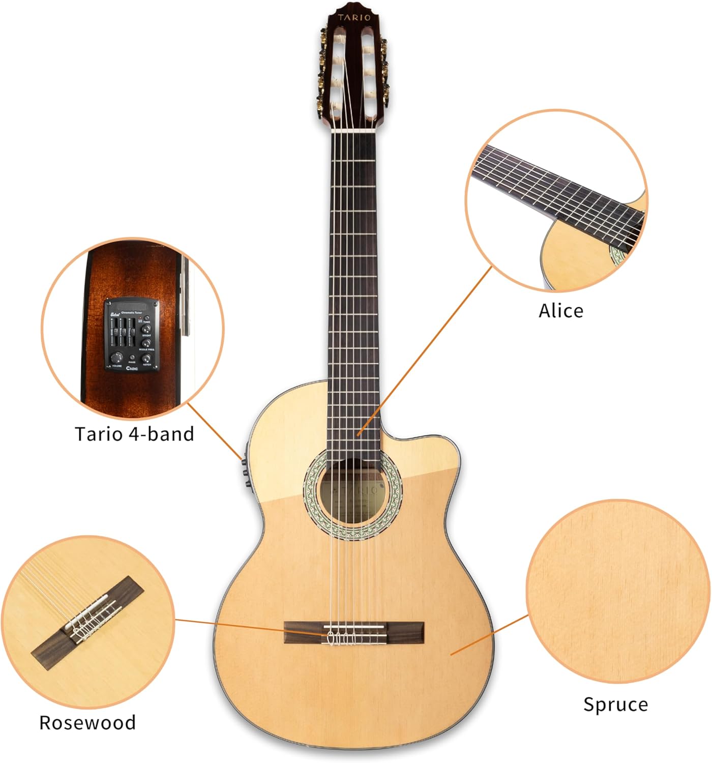 TARIO 7-String Classical Acoustic Electric Guitar, Brazilian Style Cutaway Nylon Guitar with Spruce Top, Mahogany Body, Purpleheart Fingerboard, Built-in 4-Band EQ