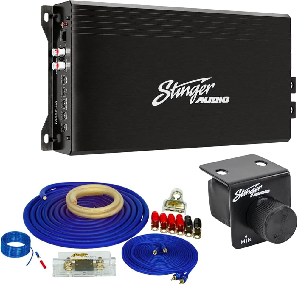 STINGER Audio MT20001 Monoblock Class D Mosfet Power Supply Amplifier with Remote Subwoofer Level Control, 2000 Watts RMS with 0/1 Gauge Amplifier Wiring Kit