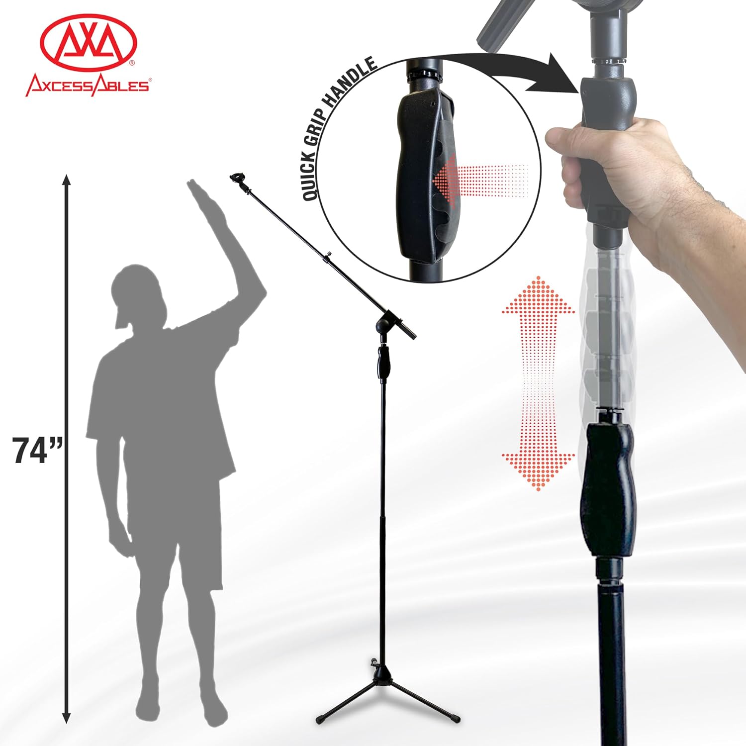 AxcessAbles AXCMS-201TB One Hand Microphone Stand with Tripod Base and Quick Grip Height Adjustment - Telescoping Mic Boom Arm Included. Tall Microphone Stand for Singing 2-Pack