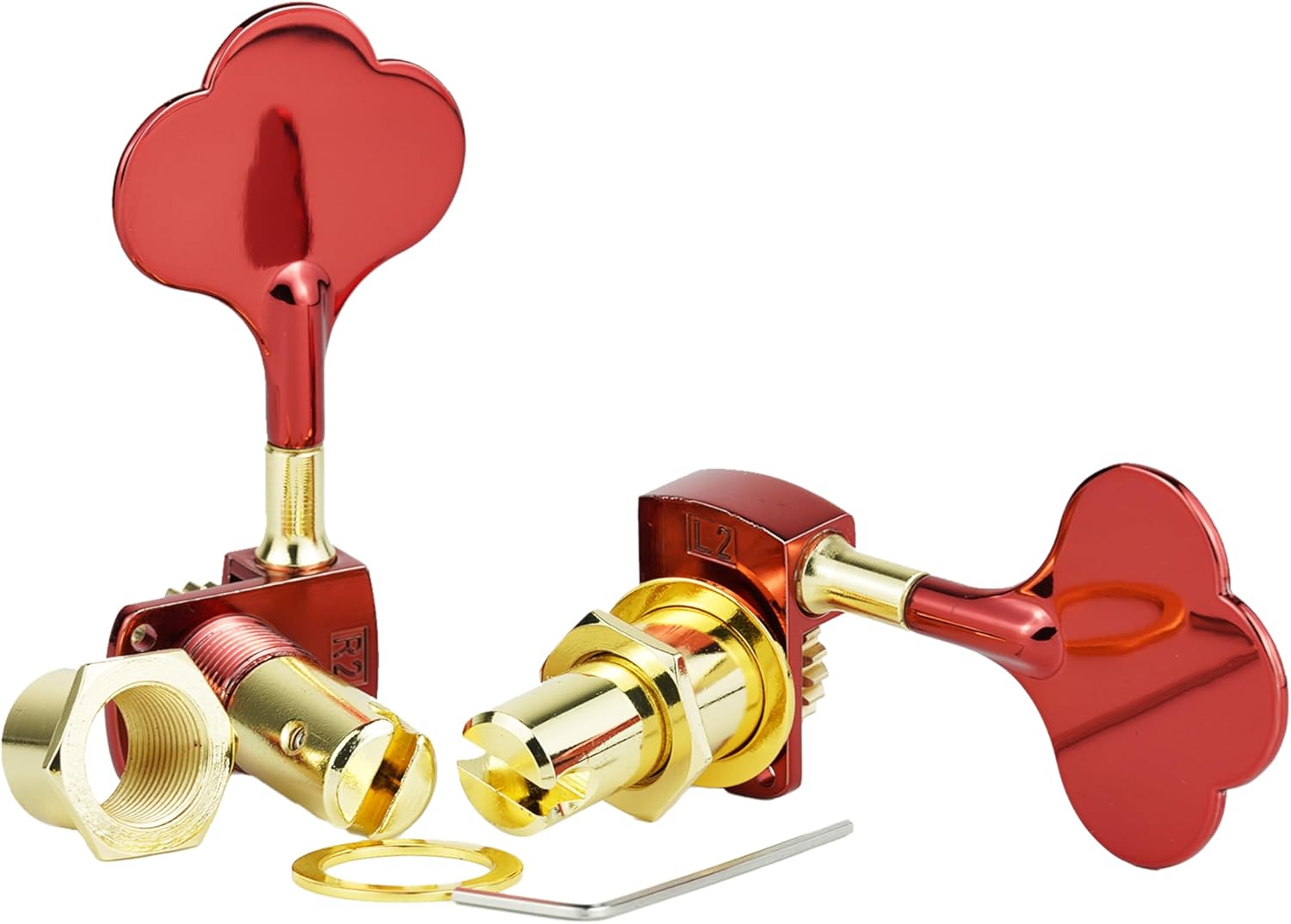Guyker Bass Tuners (2R + 2L) - 1:22 Ratio Gear Open Frame Bass Drop Locking Machine Head Tuning Key Pegs Replacement for Electric Jazz Guitar Bass or Precision Instruments, BB101 Red