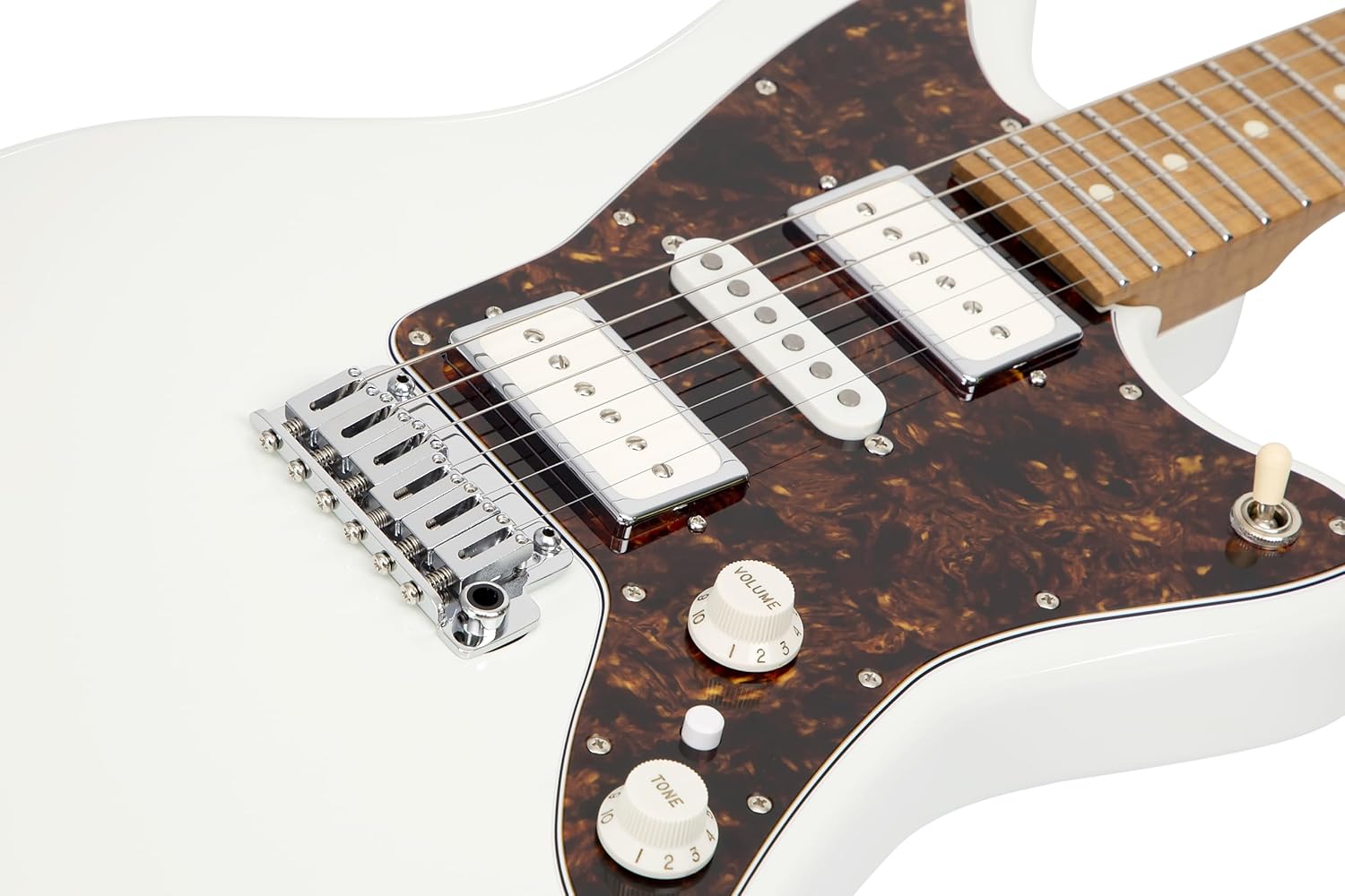 Vola Electric Guitar JZ FRO Olympic White Gloss Handmade in Japan MIJ Roasted Flame maple Neck Stainless Steel Frets Gotoh Bridge Gotoh Locking Tuner 6 Strings Modern C Neck For All Levels