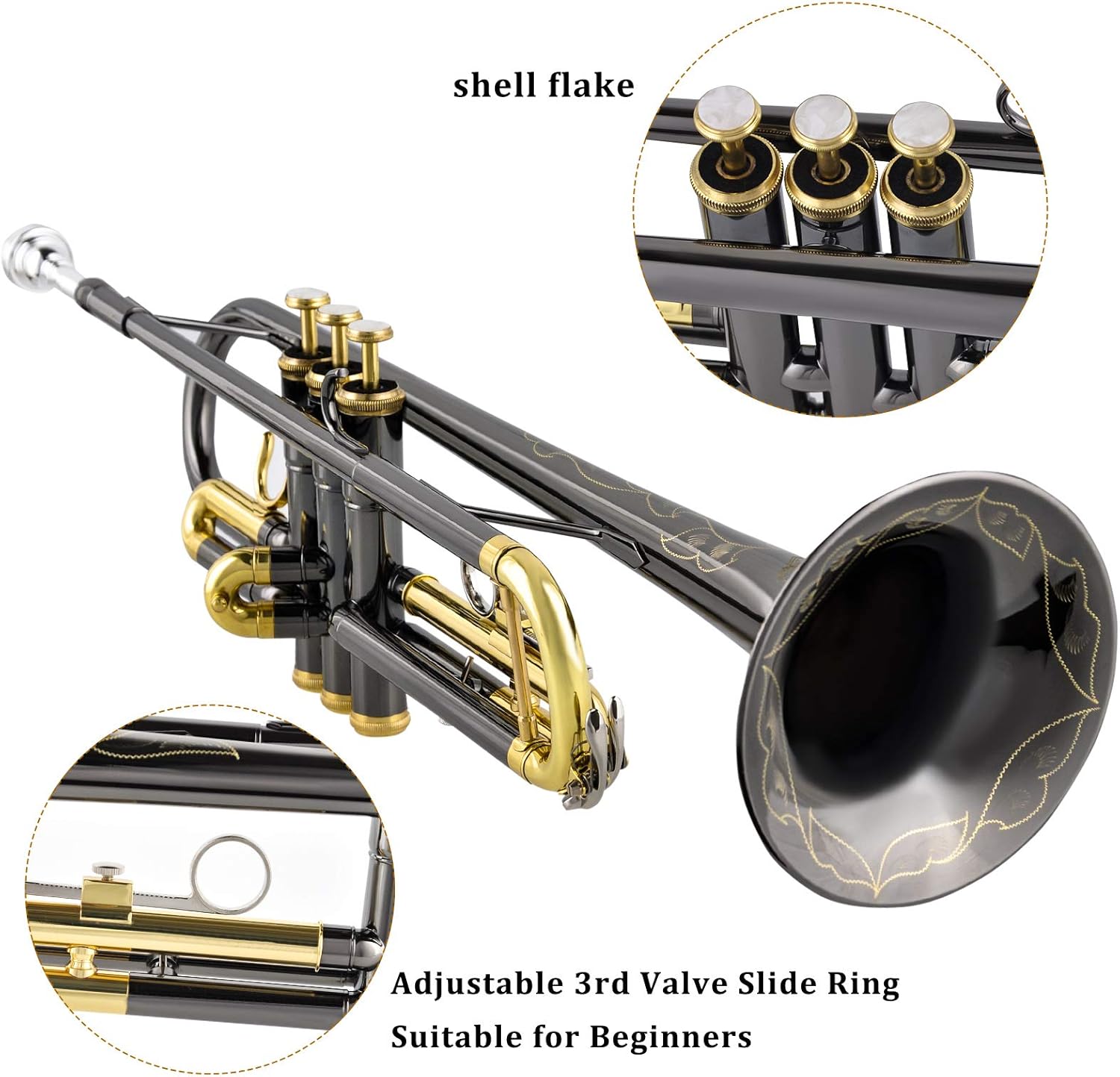 EASTROCK Bb Trumpet Standard Trumpet Set with Carrying Case,Gloves, 7C Mouthpiece, Cleaning Kit, Tuning Rod, Black Nickel,Hand Carved Craft