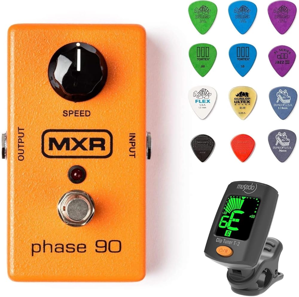 MXR M101 Phase 90 Guitar Effects Pedal Bundle w/ Dunlop Chromatic Clip-On Tuner and Dunlop Variety Pick Pack