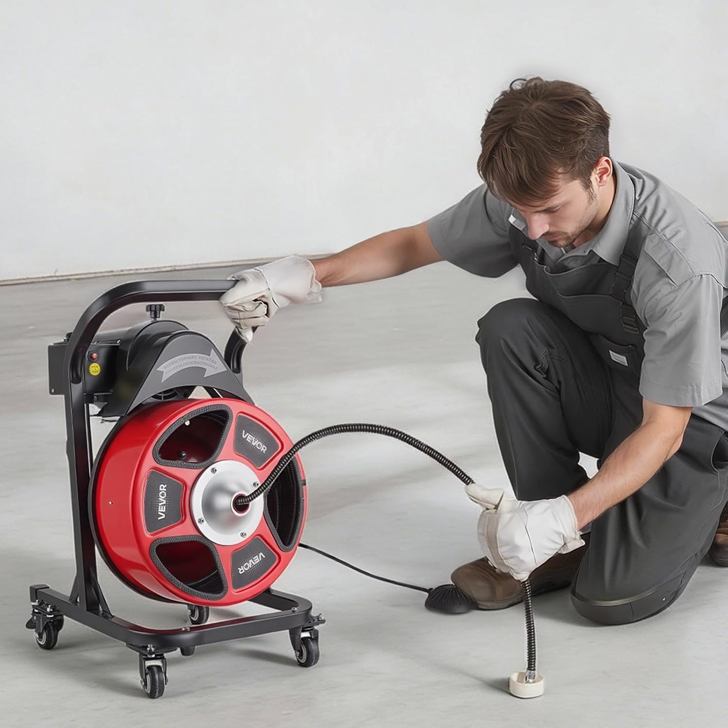 VEVOR Drain Cleaner Machine 50 FT x 1/2 Inch, Manual Feed Sewer Snake Auger on Wheels - with 4 Cutters & Air-activated Foot Switch for 2