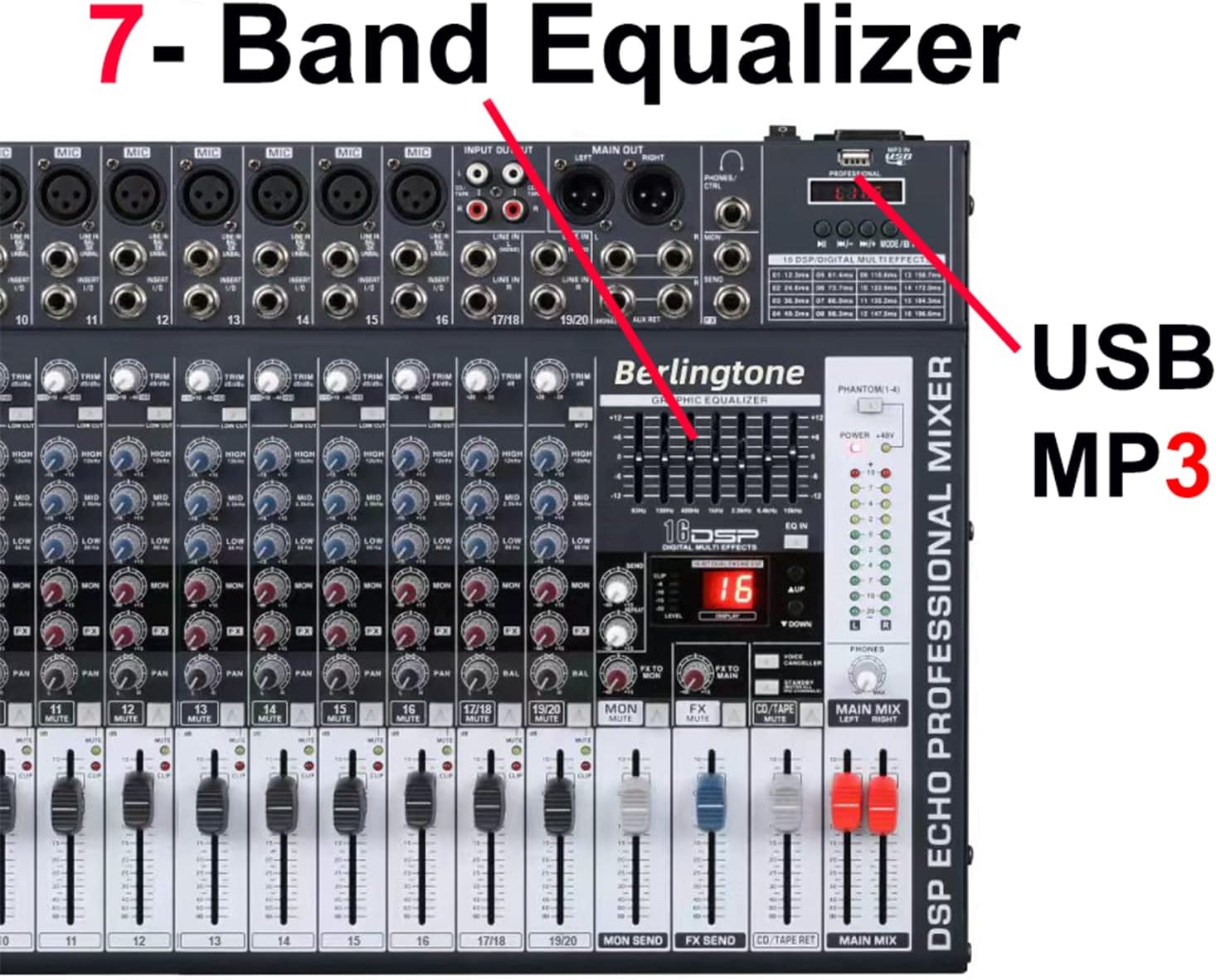 -Berlingtone,16 Channel Professional Bluetooth Studio Audio Mixer - DJ Sound Controller, USB MP3 Player, 14 Microphone Jack, 7 Band EQ, 16 BIT Digital FX, 48V Phantom Power, Unpowered (BR-166MX)