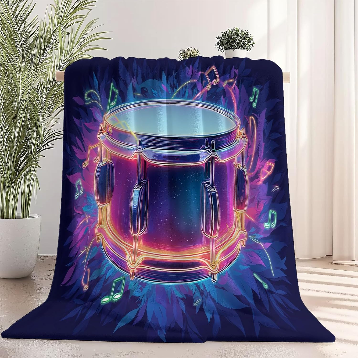 Throw Blanket Size for Couch Dark Blue Bedding Soft Lightweight Plush Drum Set Pattern Blankets, Sofa Bed Office Chair Throws for Boys Girls Modern Music Style Blanket Throws 90