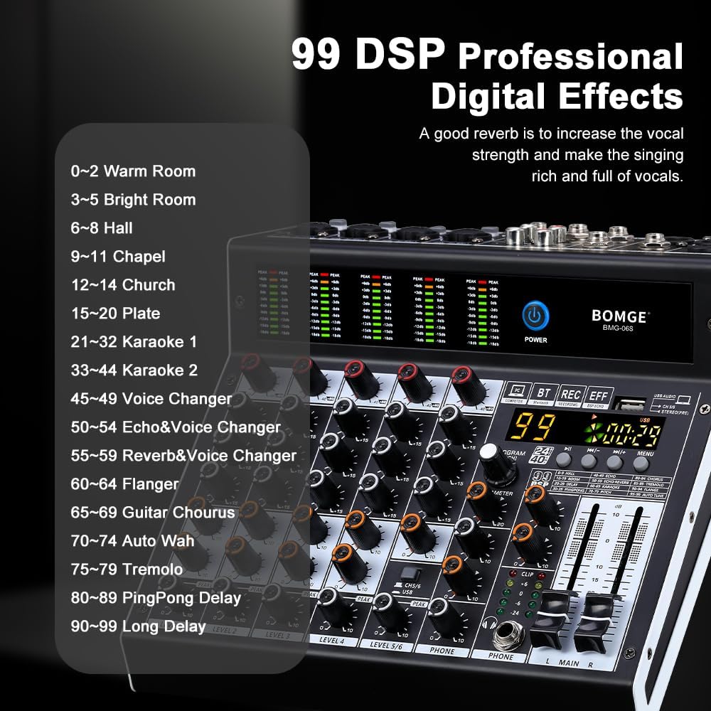 BOMGE Professional audio mixer 6 Channel Mixing Console with 99 DSP Effect,+48V Phantom, Bluetooth,USB Interface.2 AUX.FX Processor for studio recording & Live Performances