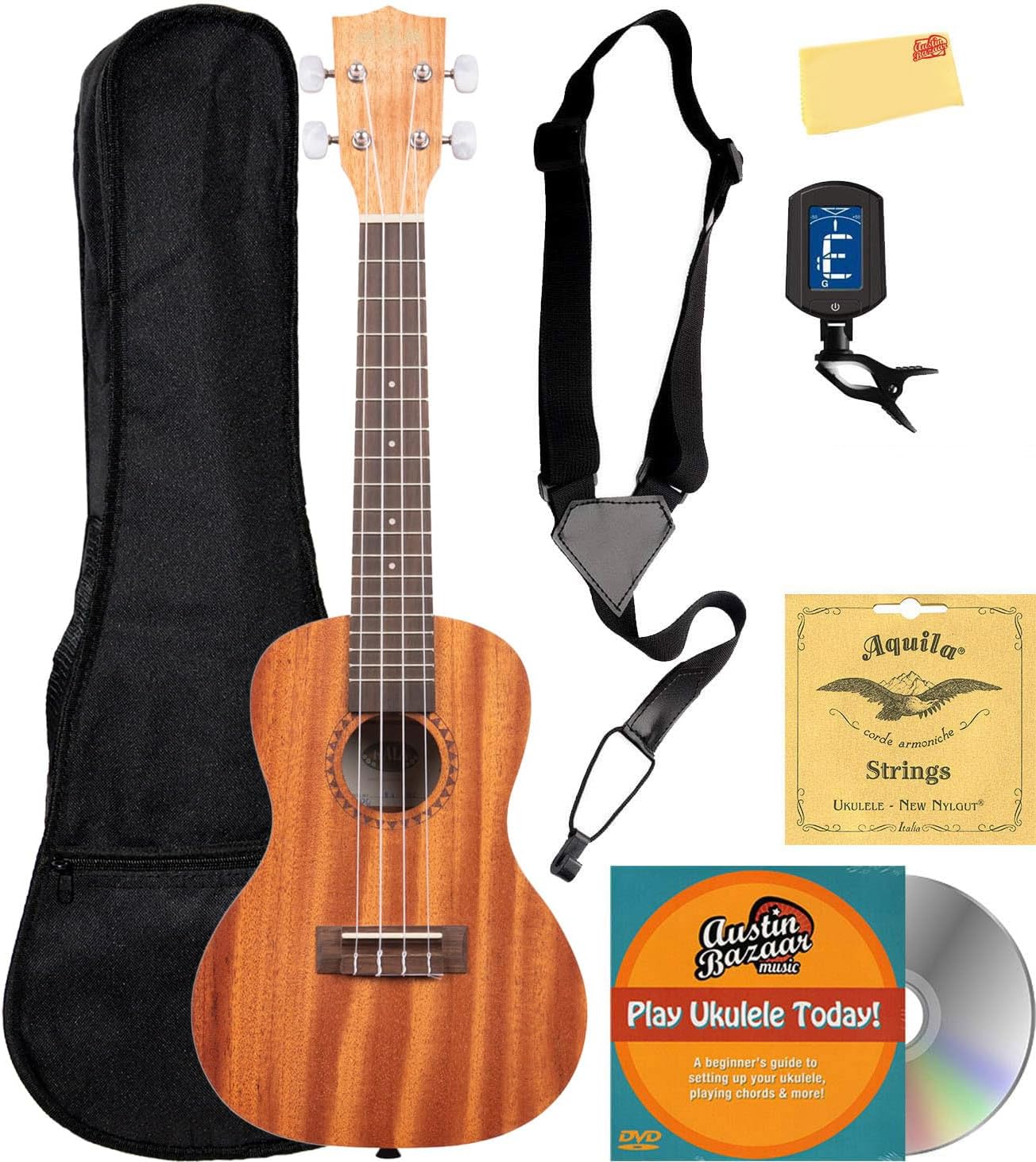 Kala KA-15C Satin Mahogany Concert Ukulele Bundle with Gig Bag, Tuner, Strap, Strings, Austin Bazaar Instructional DVD, and Polishing Cloth