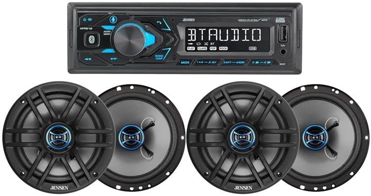 JENSEN MPR210 7 Character LCD Single DIN Car Stereo Radio & Four 6.5 inch Car Speakers Bundle
