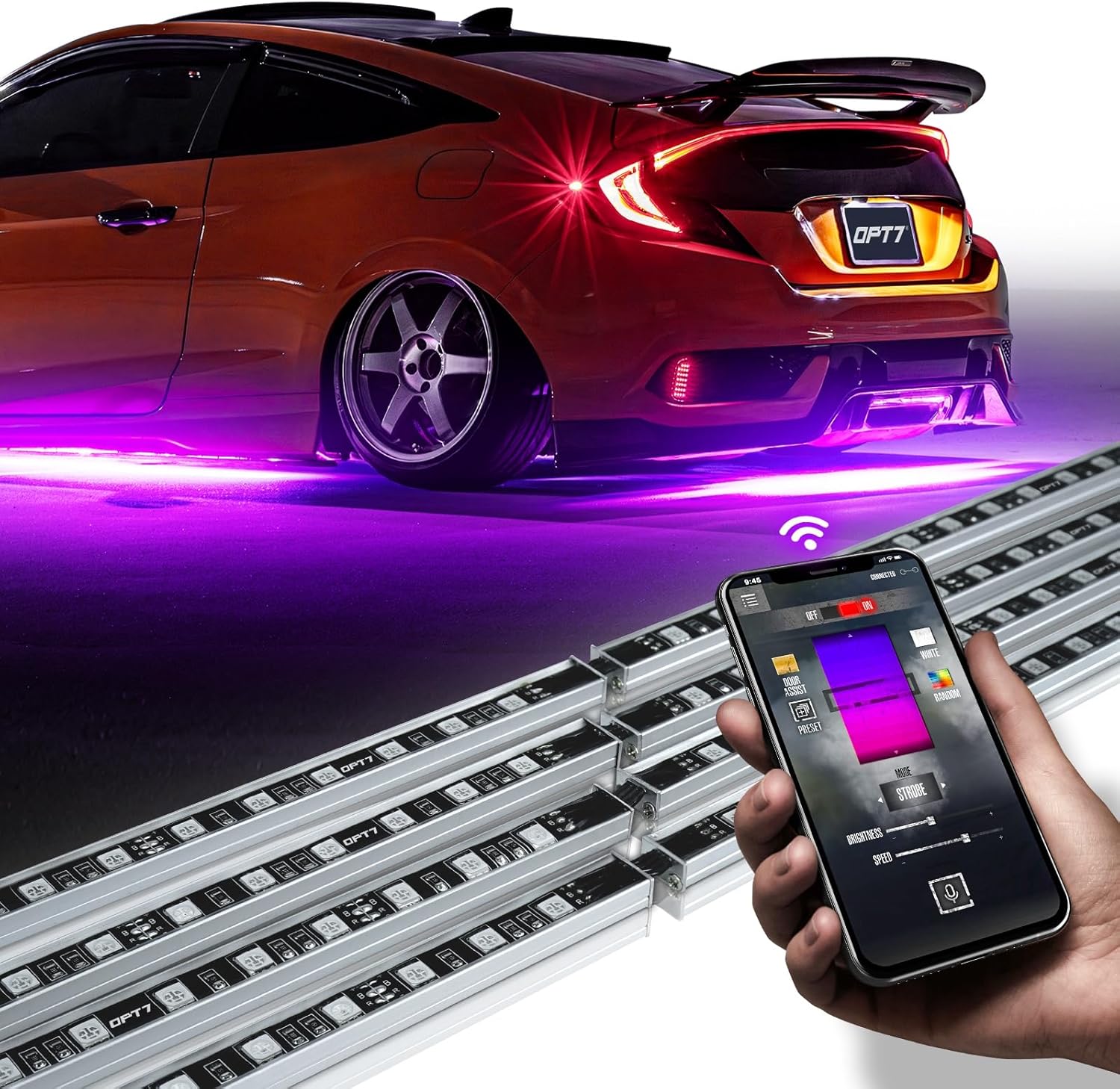 OPT7 Aura Pro Underglow LED Lights Kit for Car with APP & Remote Control, RGB Multicolor Modes, Music Sync, Waterproof Rigid Aluminum Light Bar, Exterior Neon Accent Underbody Lighting Kit