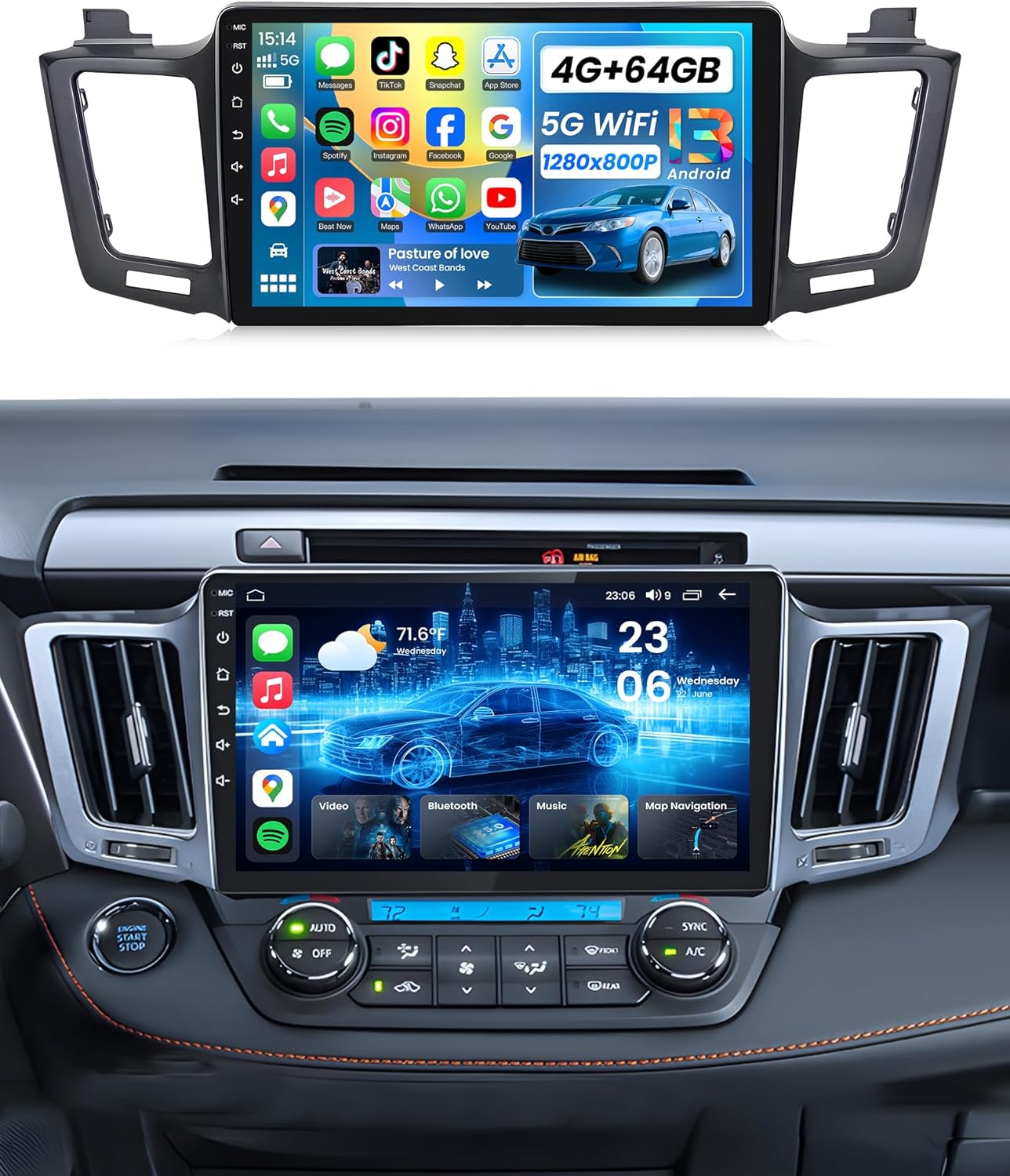 [8 Core + 64GB] Car Radio for Toyota RAV4 2013-2018: 10.1 Inch HD Touchscreen RAV4 Stereo Support Wireless Carplay Android Auto Bluetooth 5G Wi-Fi AM FM GPS SWC DSP Mirror Link Backup Camera