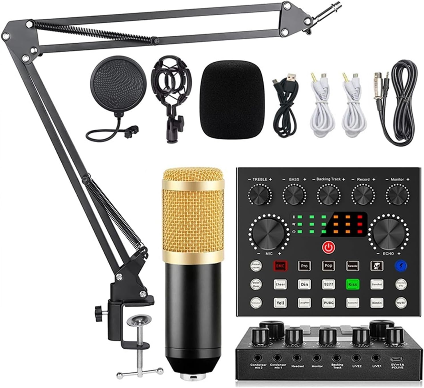Sound Card Kit Condenser Microphone Set with Live Sound Card,Metal Shock Mount and Double Layer Pop Filter for Live Podcasting Studio Setup for Recording Music