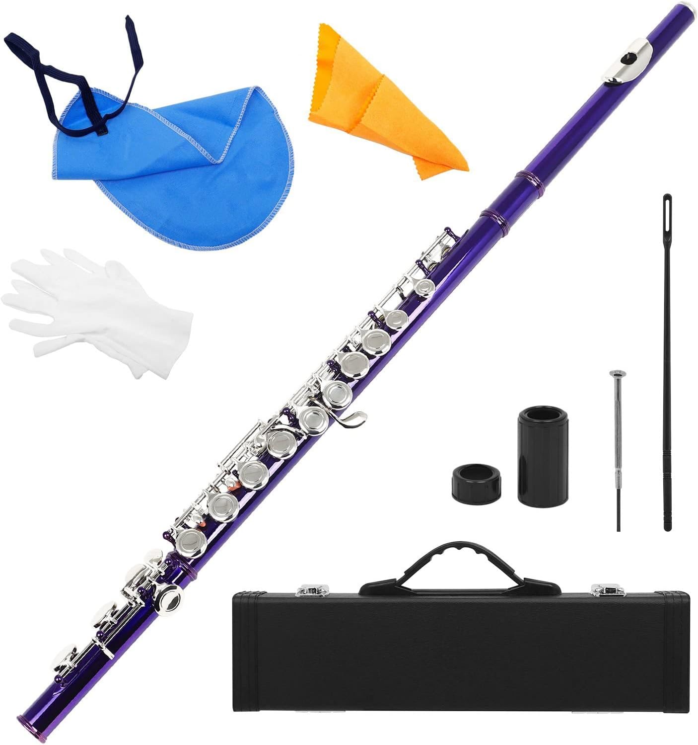 Flute Kit 16 Holes C Key Flute Western Concert Flute Cupronickel Nicke Plated Woodwind Instrument& Cleaning Cloth Stick Gloves Mini Case Intermediate Flute (Color : Purple)
