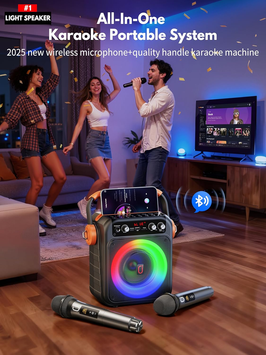 Karaoke Machine with 2 Wireless Microphones: HWWR Portable Karaoke Bluetooth 5.3 Light Speaker, PA System Home Party with Subwoofer, Disco Lights, Supports TV/REC/FM/AUX/USB/TF for Gifts Adult Kids