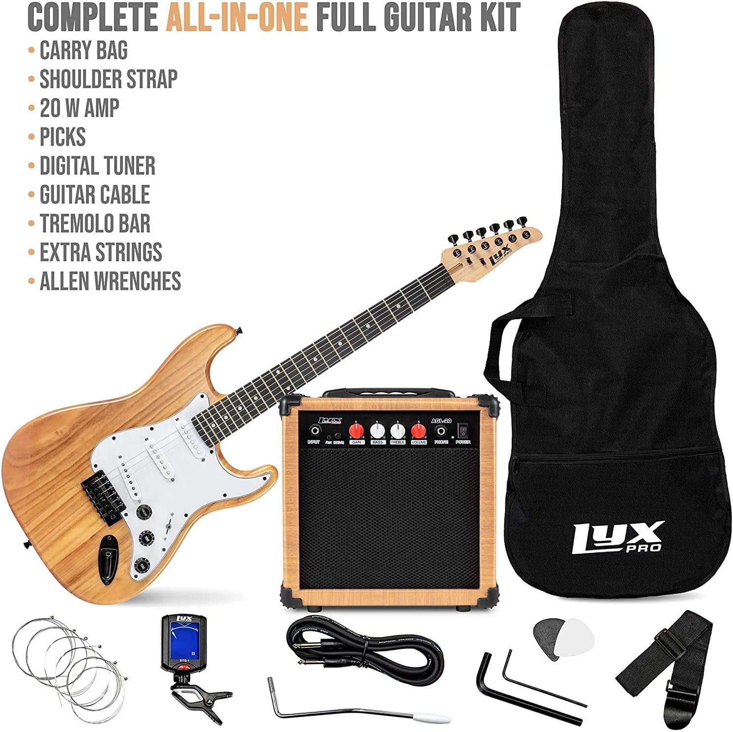 LyxPro Full Size Electric Guitar Natural with 20w Amp Package, Mackie Onyx Artist 2-2 Audio/Midi interface With Pro Tools First/Tracktion Music Production Software Kit With Professional Headphones