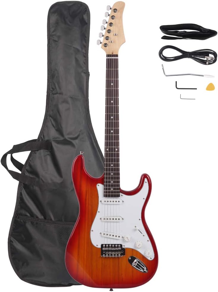 Unbranded Cherry Sunburst Electric Guitar, Rosewood Neck, SSS Pickups, 5-Way Selector, Double Cutaway, with Gig Bag, Strap, Cable, Pick, Whammy Bar, CSRG111