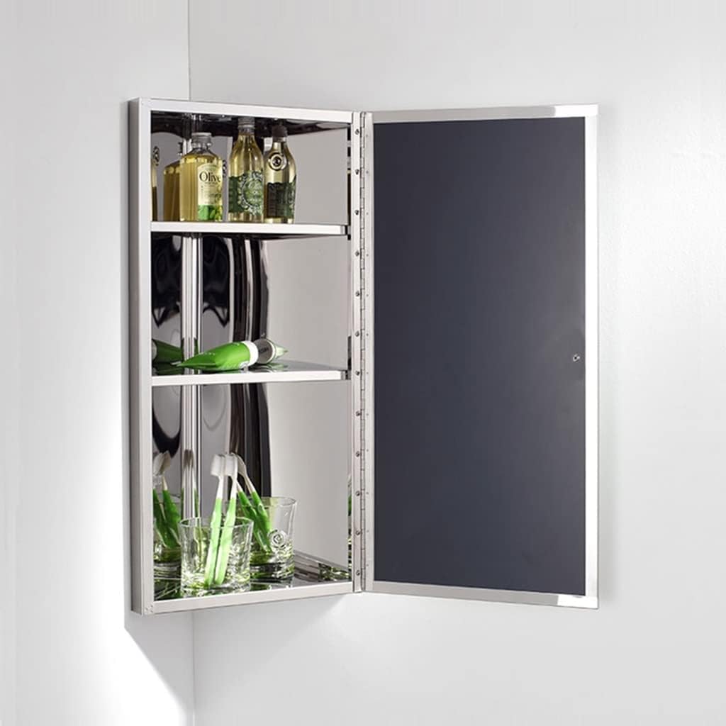 Wall Mount Corner Medicine Cabinet with Mirror, Bathroom Mirror Cabinet, Polished Stainless Steel - Left/Right Open Mirror Door, Three Shelves,11.8” X 23.6