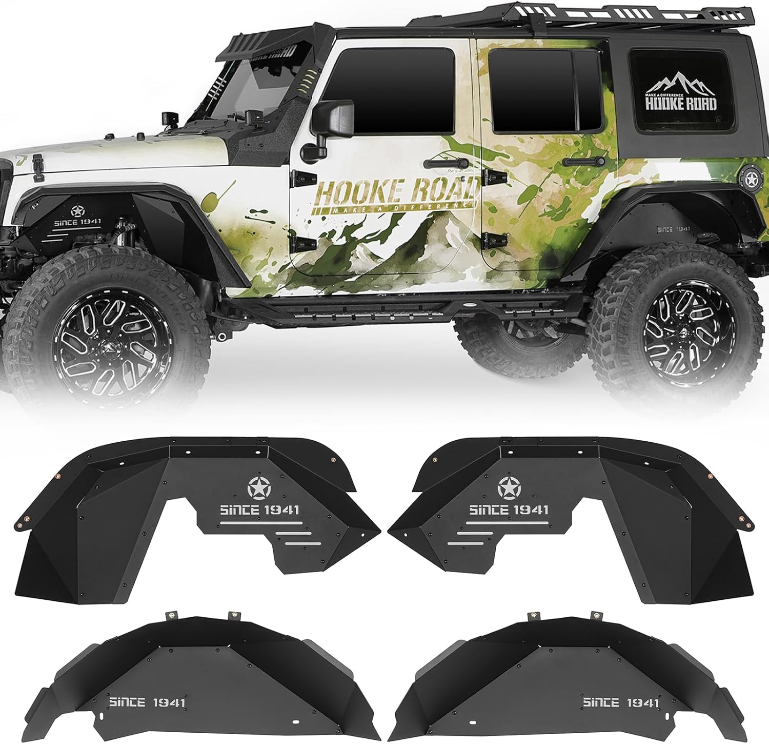 Hooke Road Aluminum Wrangler JK Front and Rear Inner Fender Liners Kit for 2007-2018 Jeep Wrangler JK & Unlimited 2/4 Doors, Wheel Well Liners - 4PCS